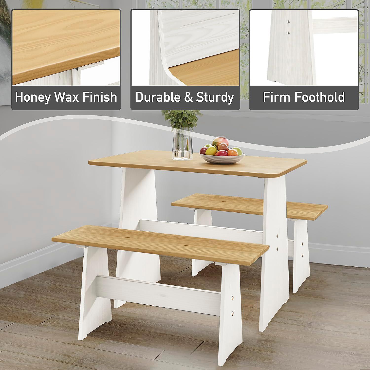 Urban Home Furniture Chapman 3 Piece Casual Dining 2-Tone Natural/White Solid Pine Wood Kitchen Table Set with 2 Benches, Kitchen Dining Set