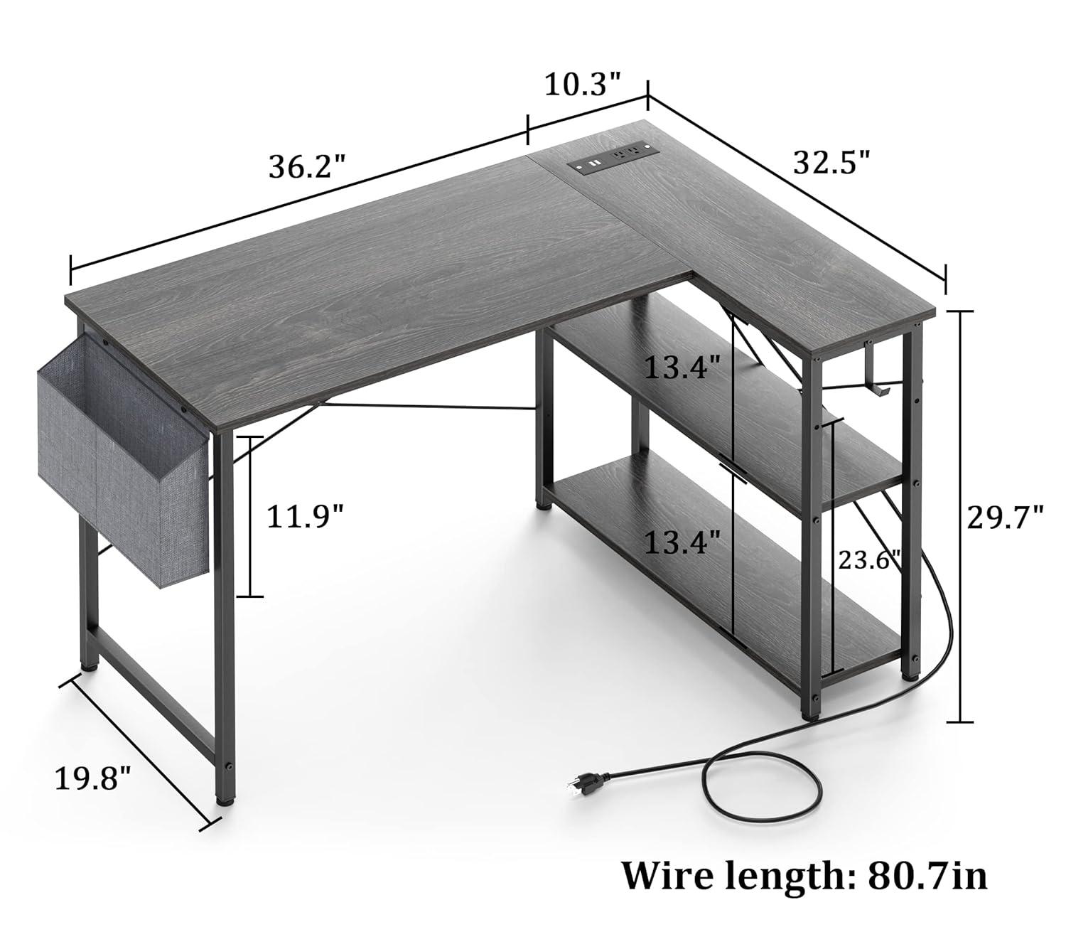 Mr IRONSTONE L Shaped Desk with Outlets & USB Ports, Reversible 47 Inch Office Desk, Corner Desk for Small Space, Home Office Desk with Storage Bag & Hook, Black