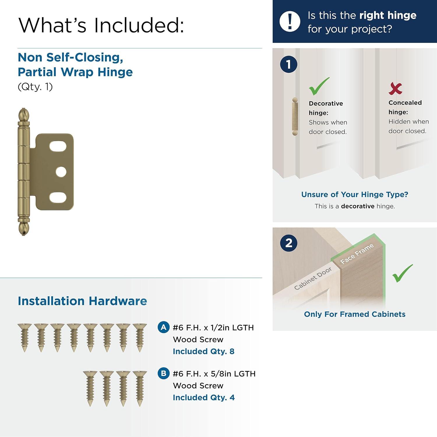 Golden Champagne 3/4 in. (19 mm) Door Thickness Full Inset, Partial Wrap Ball Tip Cabinet Hinge - Single Hinge