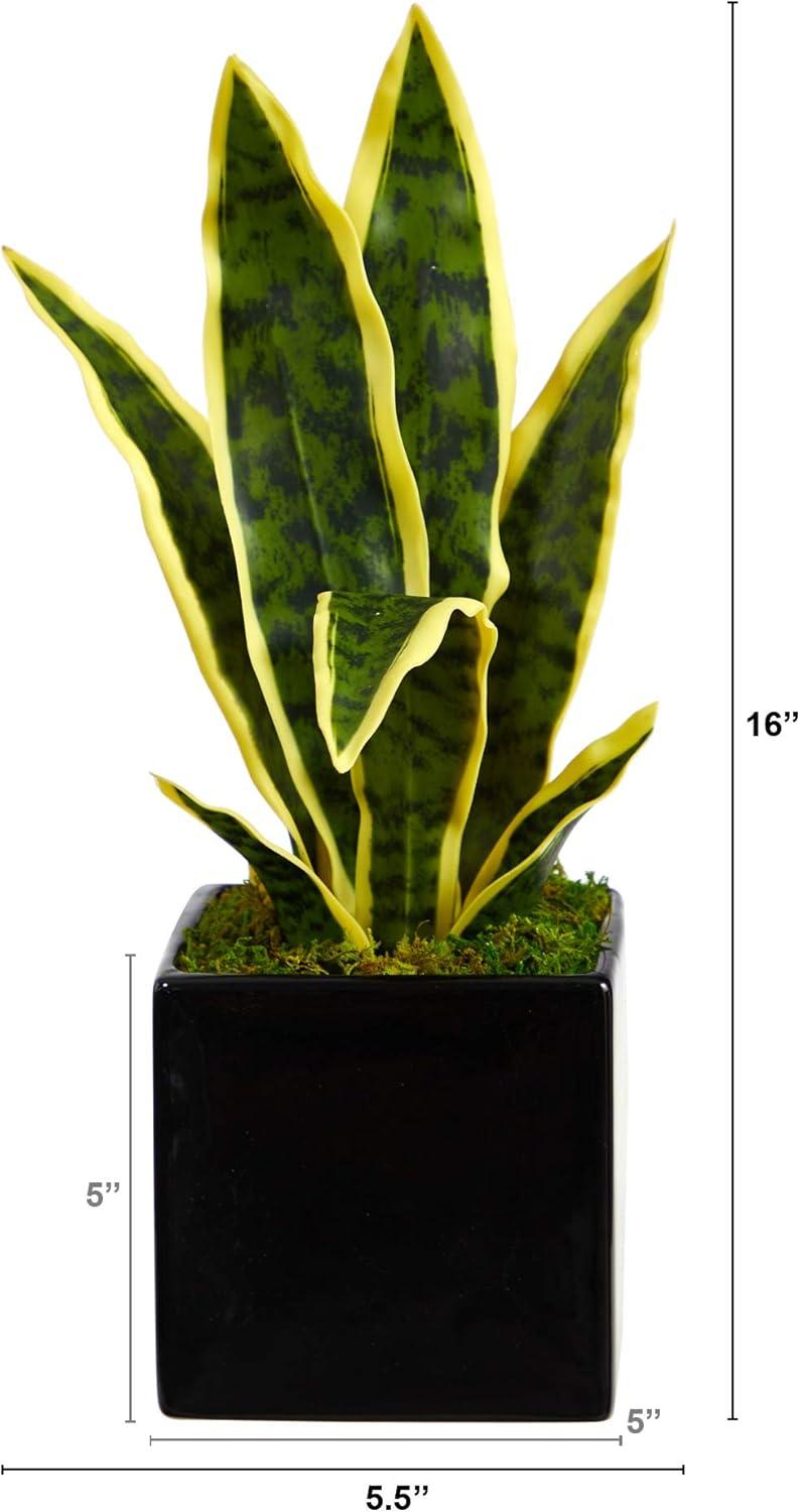 Nearly Natural 16-in Sansevieria Artificial Plant in Black Planter