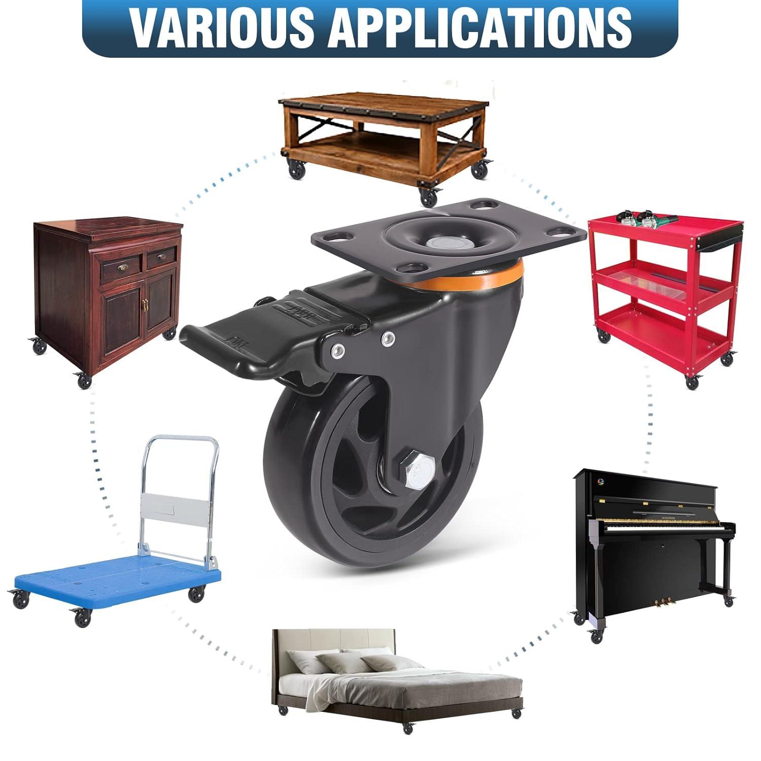 5 Inch Caster Wheels 2400Lbs, Castors Set of 4, Heavy Duty Casters with Brake, Safety Dual Locking Industrial Casters, No Noise Wheels with Polyurethane Foam (Two Hardware Kits Included)