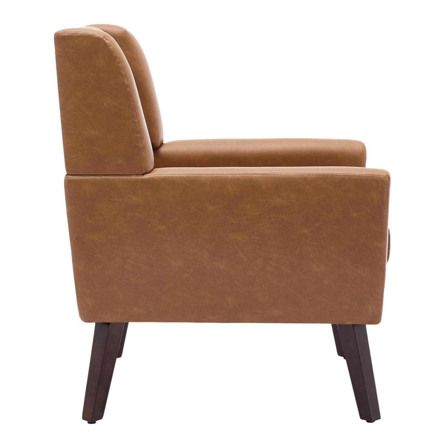 UIXE Faux Leather Accent Chair Upholstered Comfortable Armchair Modern Bedroom Chairs with Solid Wooden Legs, Brown