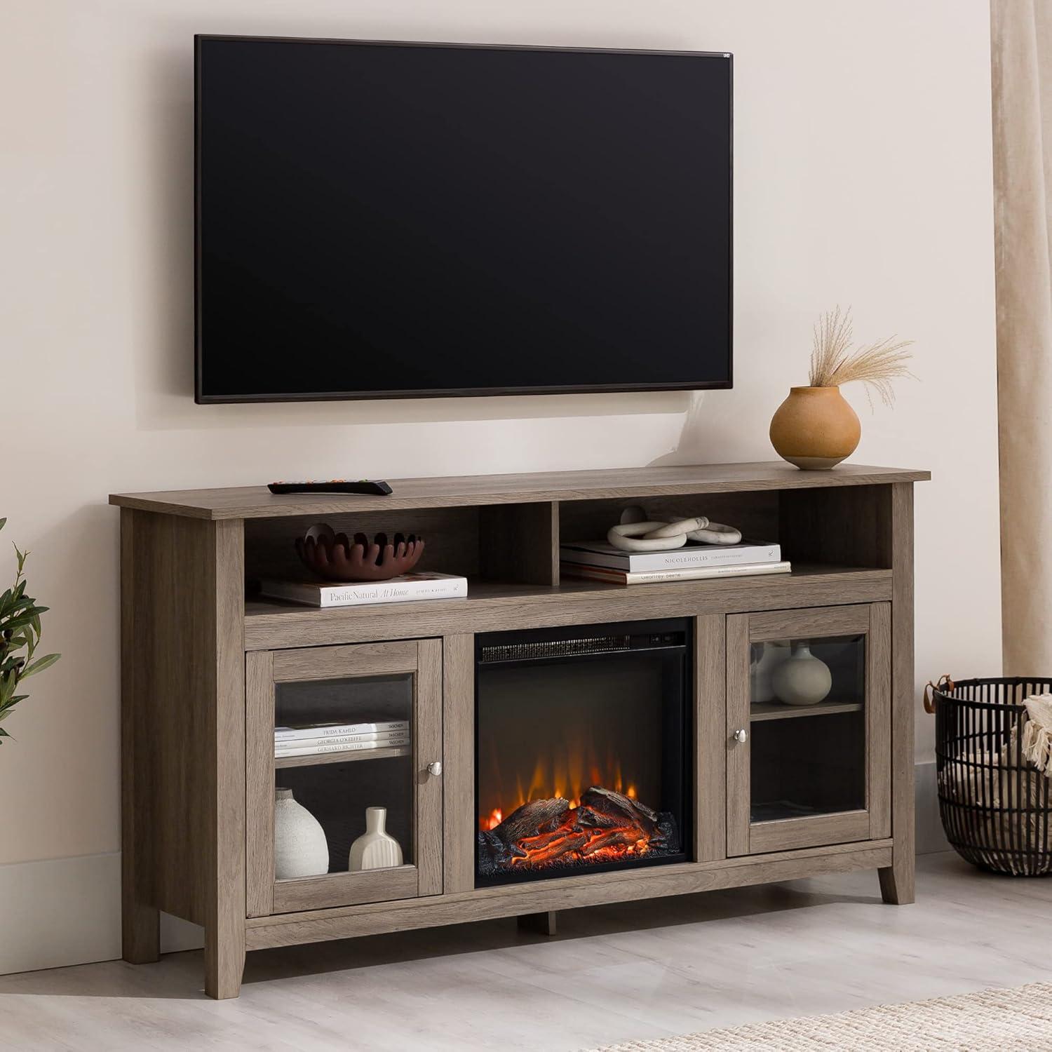 Walker Edison Glenwood Rustic Farmhouse Glass Door Highboy Fireplace TV Stand for TVs up to 65 Inches, 58 Inch, White Oak