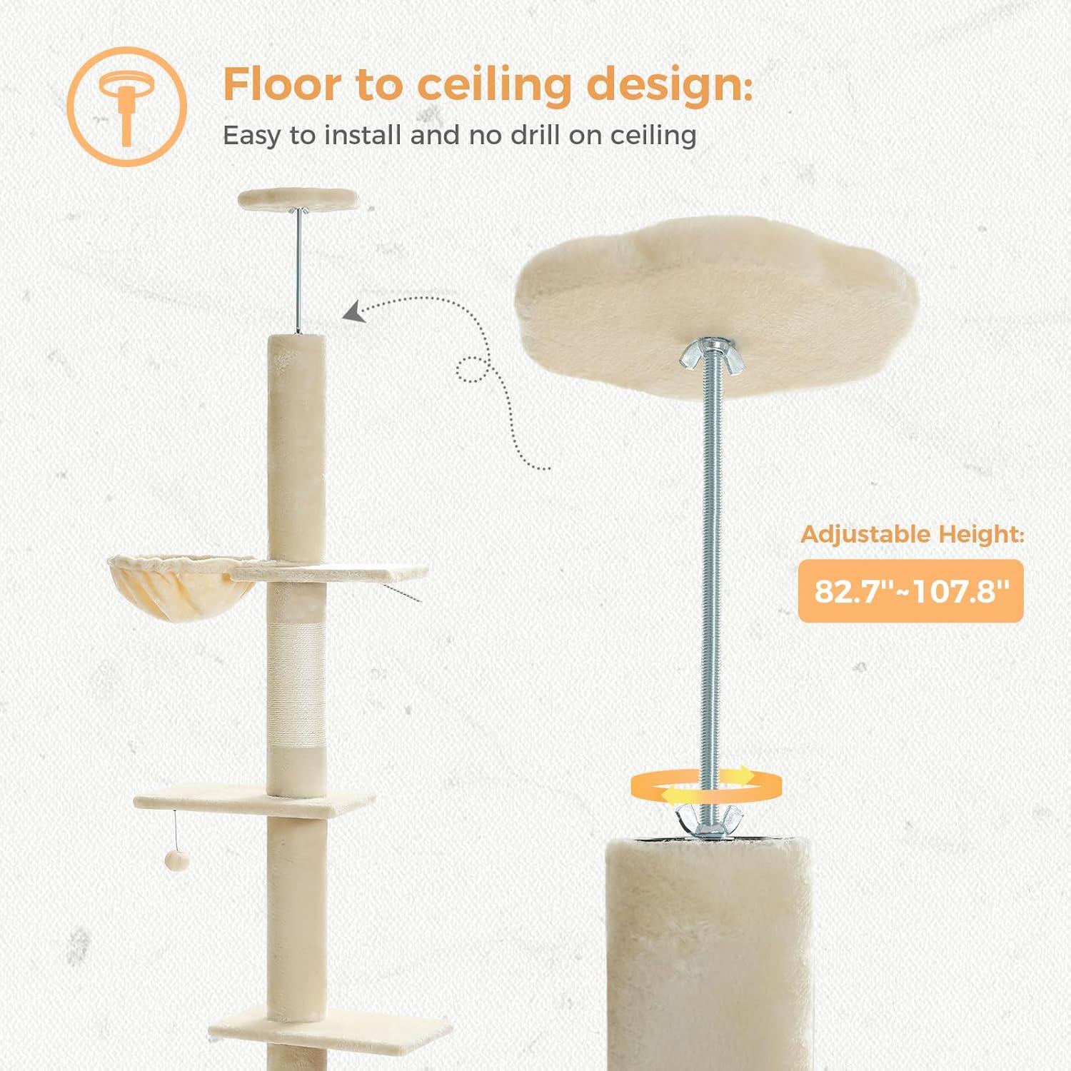 Adjustable Height Floor To Ceiling 5-Tier Tall Cat Tree Tower For Indoor Cats With Cat Condo, Cat Scratching Post And Cat Ladder