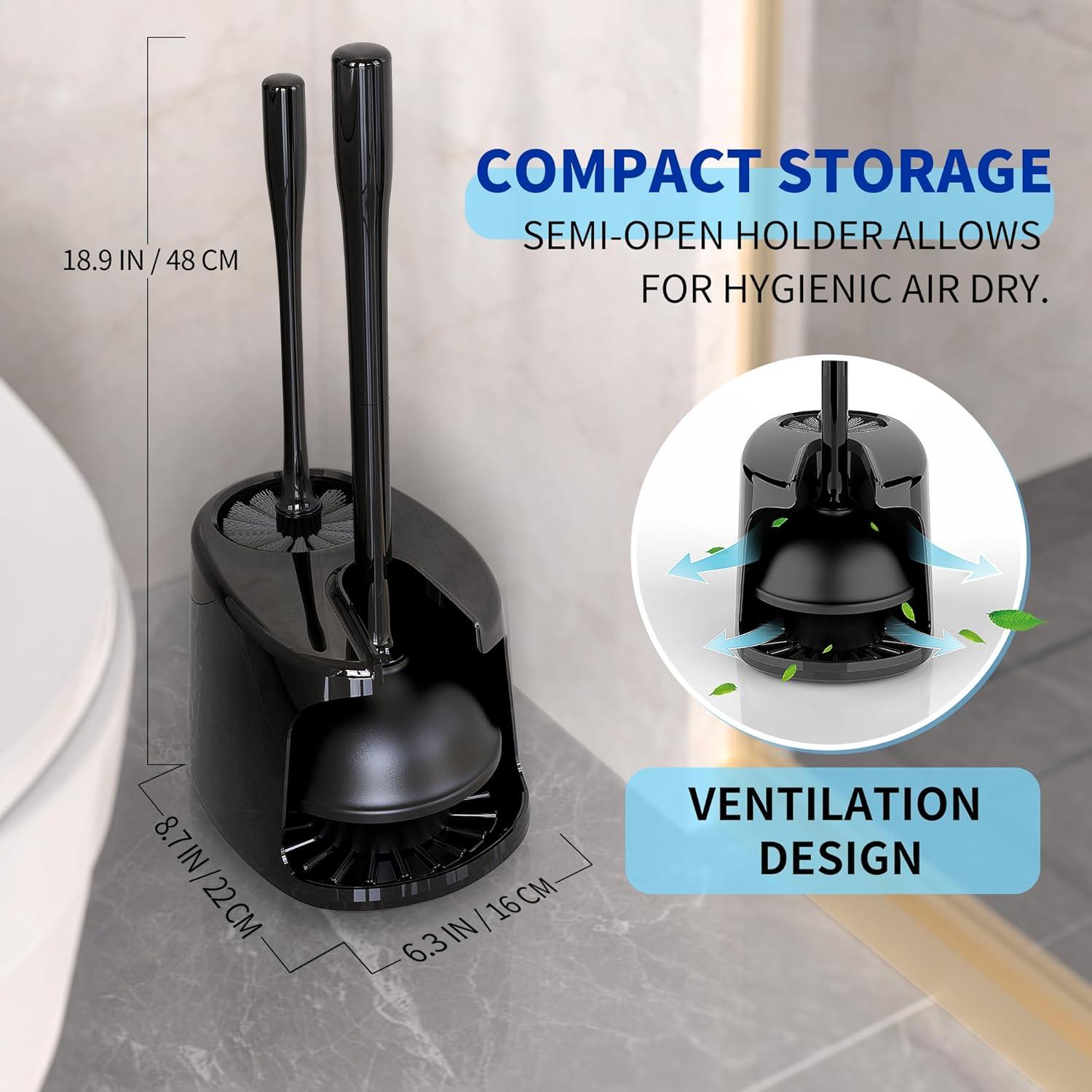 Black Heavy Duty Toilet Plunger and Brush Set with Holder