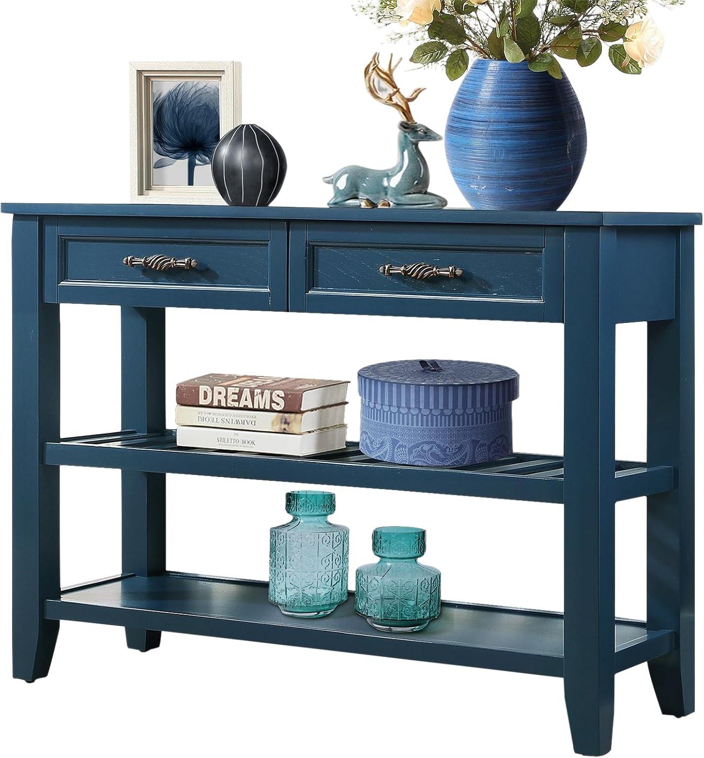 Console Table with 2 Drawers,42" Solid Wood Entryway Table with Storage Shelves, Sofa Table for Living Room,Navy Blue