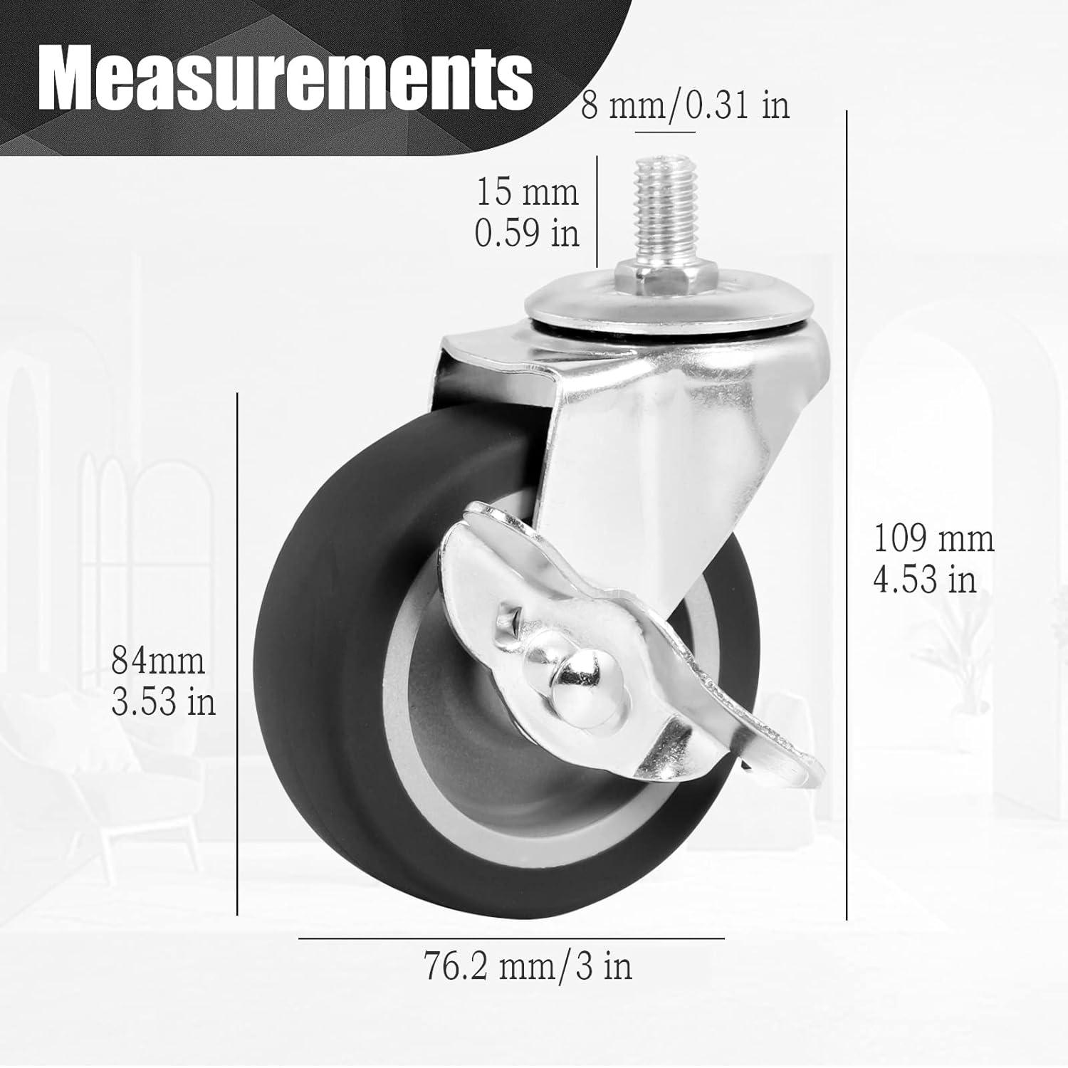 Caster Wheels, 3 Inch Stem Casters Set of 4, Heavy Duty Swivel Wheel with Brake, Metric Size M8-1.25-15 (Screw Diameter 8mm, Screw Length 15mm) Casters for Workbench Trolley, Furniture Dolly