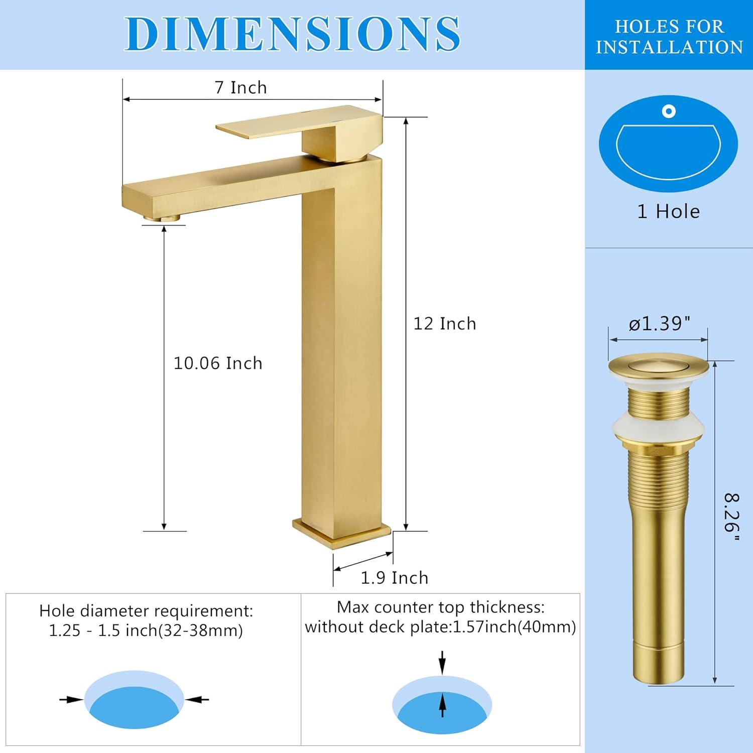 Gold Vessel Sink Faucet, Brushed Gold Tall Single Handle Bathroom Vessel Sink Faucet 1 Hole, Modern Stainless Steel Restroom Vanity Faucet with Metal Pop Up Drain and Water Supply Hose