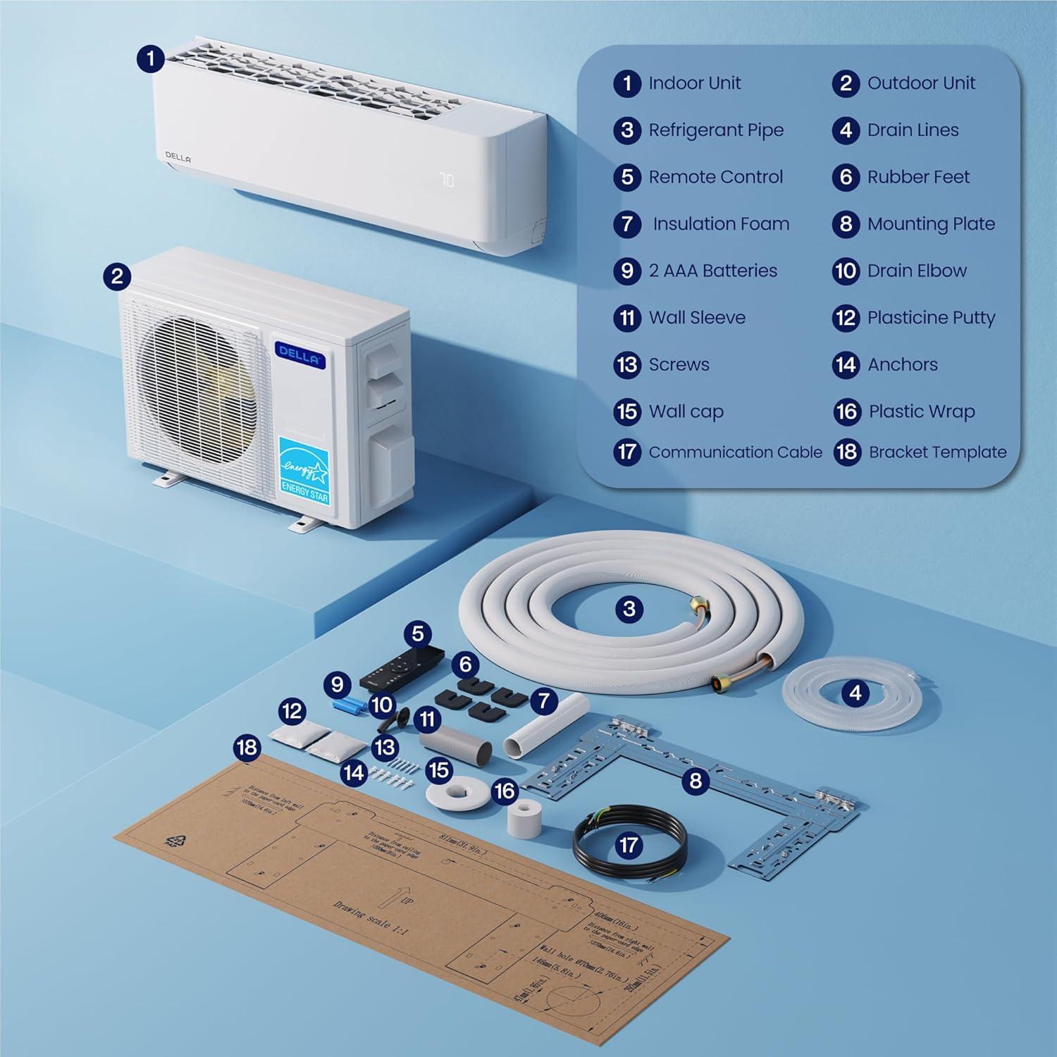 DELLA Optima Series 9000 BTU Wifi Mini Split, Work w/ Alexa,Energy Star 208/230V 23.5 SEER2 Cools Up to 400 Sq.Ft Inverter Air Conditioner w/0.75 Ton Pre-Charged Heat Pump & 16.4ft Installation Kits