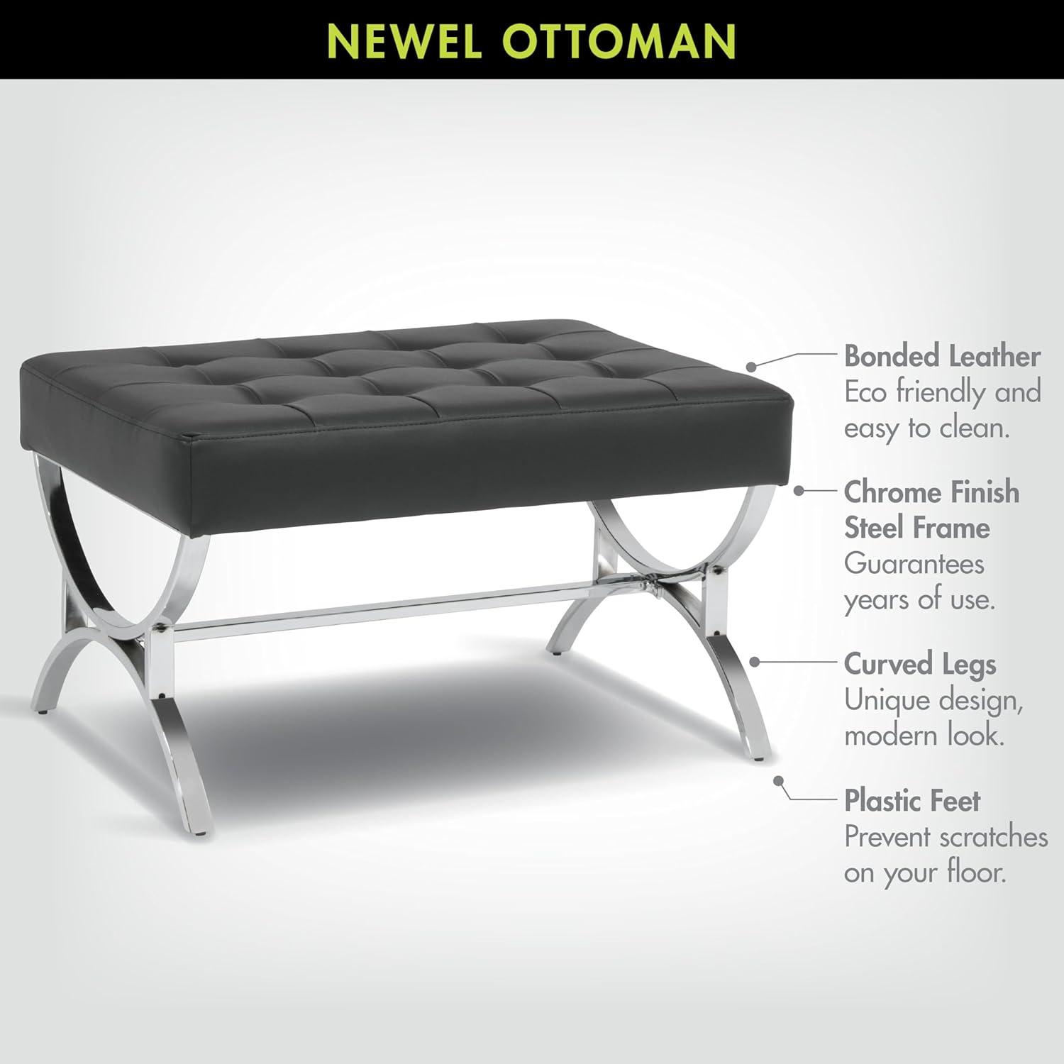 studio designs Newel Modern Square Ottoman Blended Leather and Chrome Metal Frame Chrome/Black: 18" High, Rectangular, Steel Base
