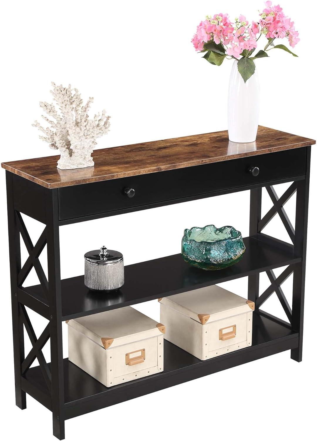 Convenience Concepts Oxford 1 Drawer Console Table with Shelves, Barnwood & Black