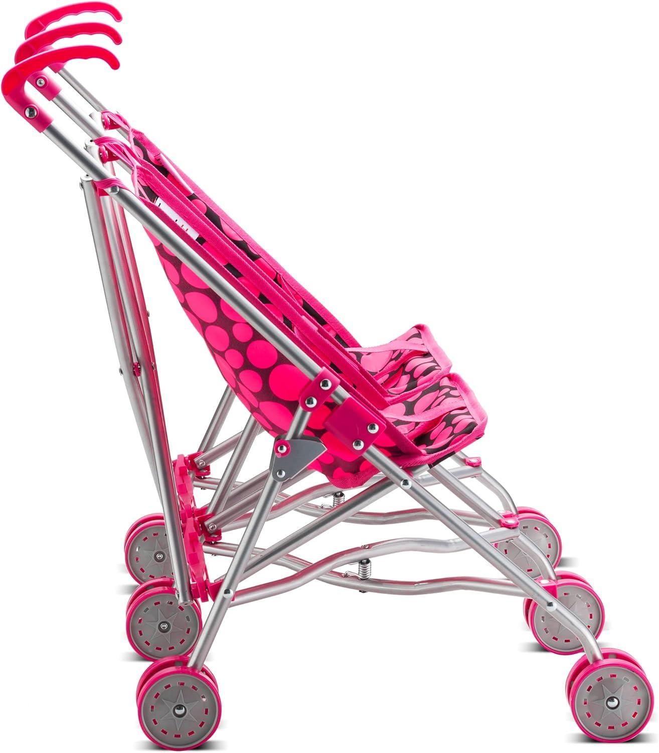 Double Doll Stroller for Twin Baby Dolls - Toy Stroller for Toddlers 3 Years and up, Pink & Black Polka Dots Design for Kids