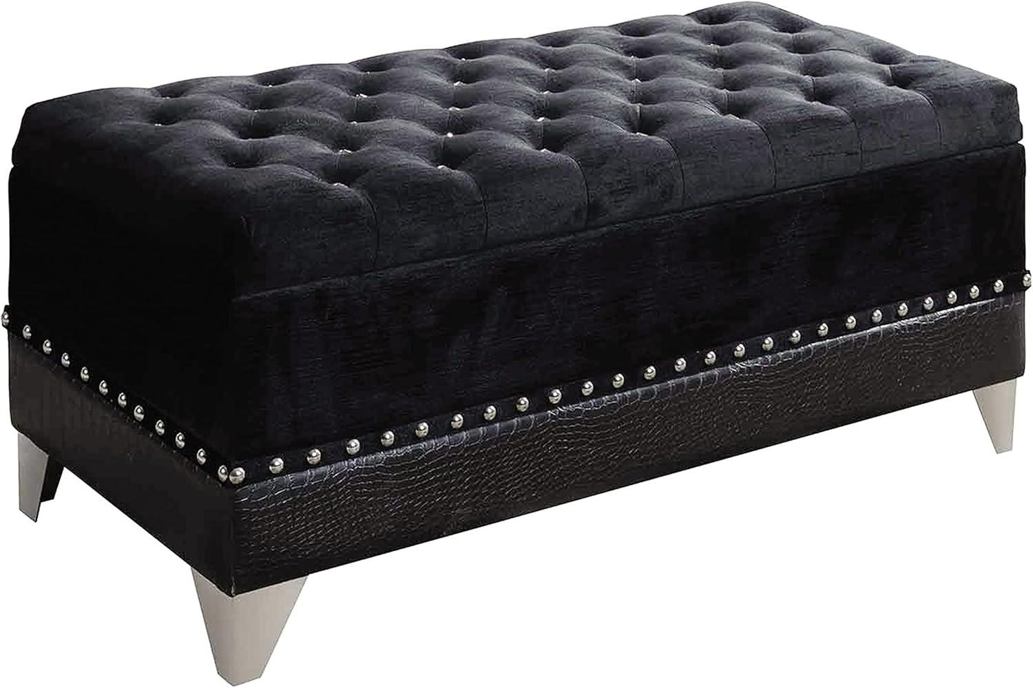 Luxurious 44'' Black Velvet Tufted Storage Trunk with Chrome Accents