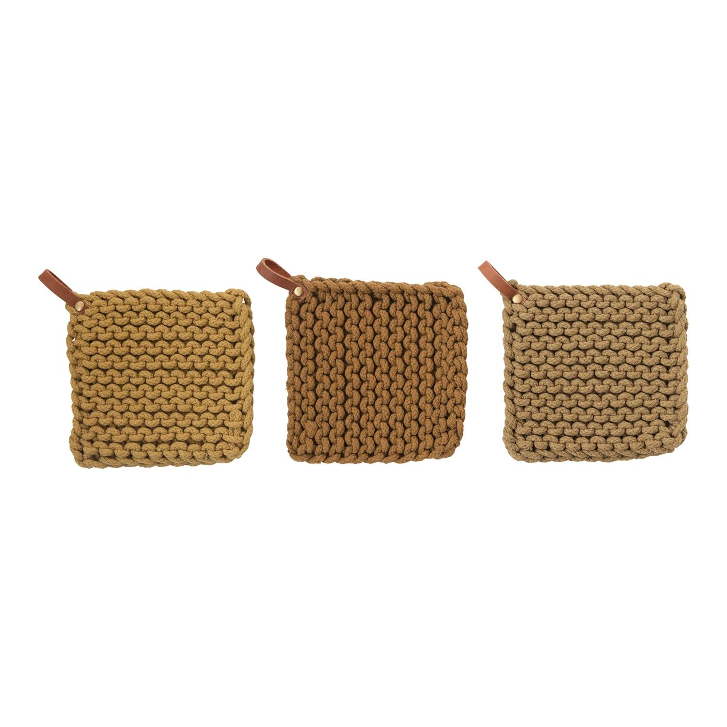 Creative Co-Op Multi-Tone Cotton Crocheted Pot Holder With Leather Loop (Set of 3)