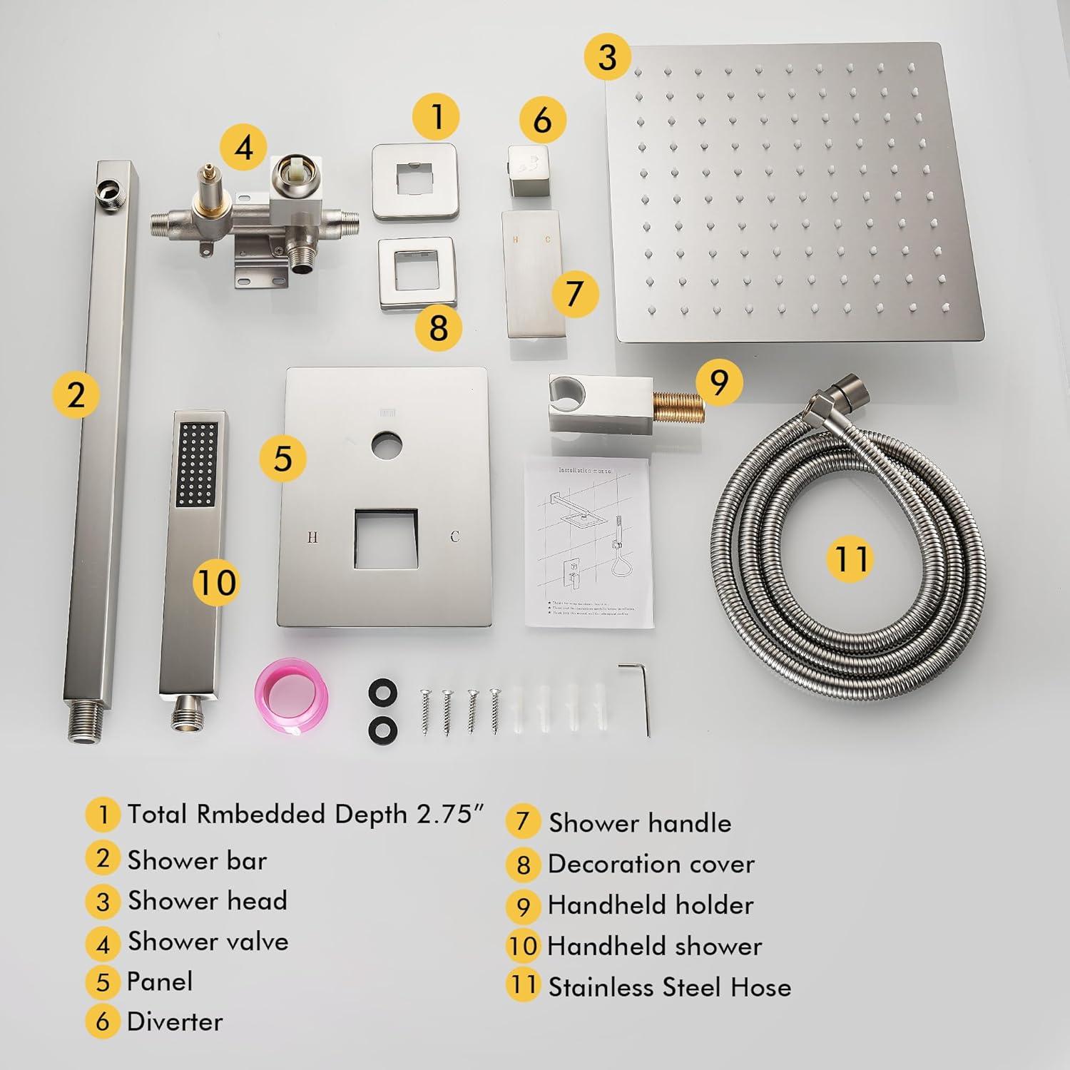 AWZTOO Wall Mounted Shower Faucet With Hand Shower Modern Shower System Set 10 Inch Rainfall Shower Head With Pressure Balance Valve Brushed Nickel