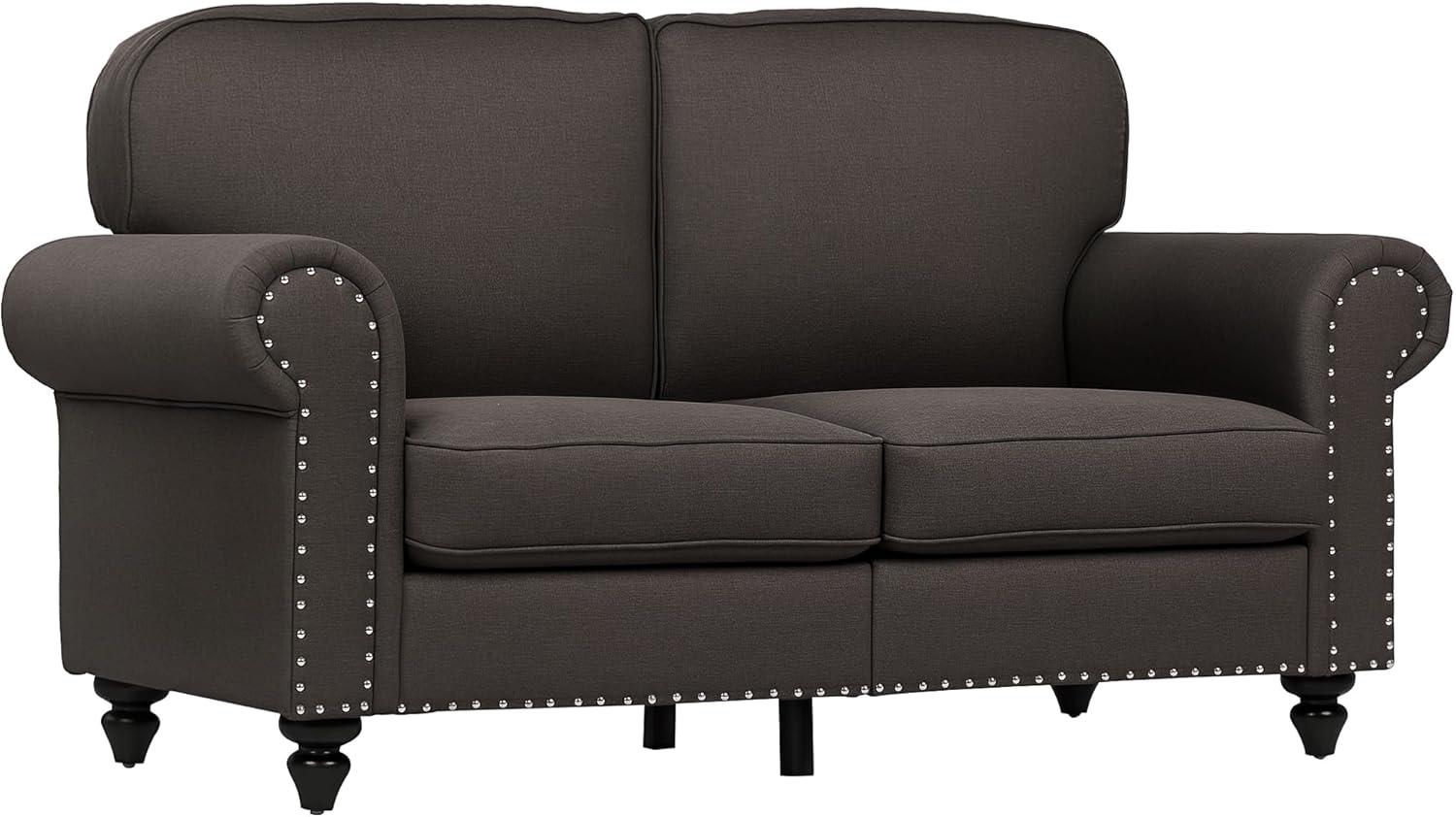 Dark Brown Fabric Upholstered Mid Century Modern Loveseat Sofa