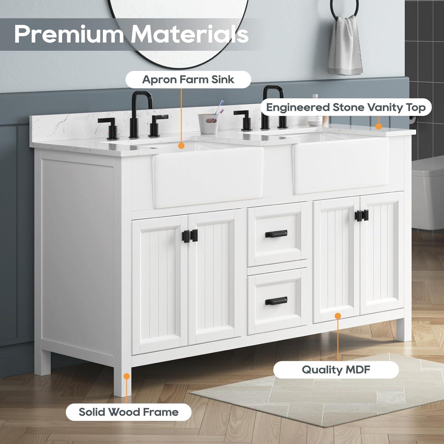 Richfield 60-inch White Painted Freestanding Double Sink Bathroom Vanity