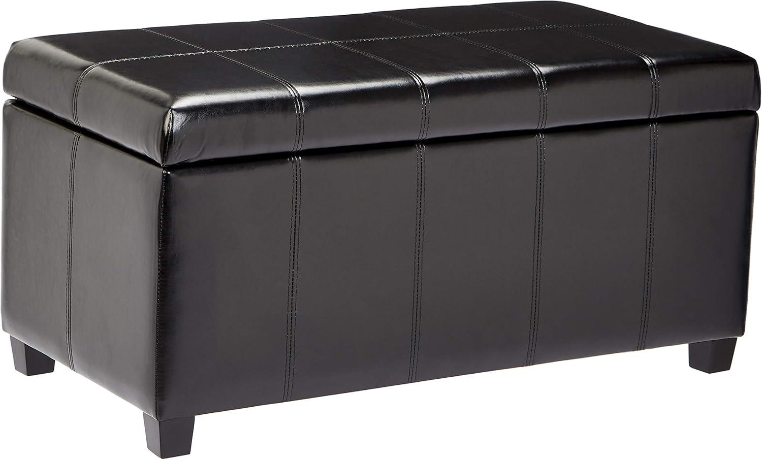 Midnight Black Faux-Leather Rectangular Storage Ottoman Bench