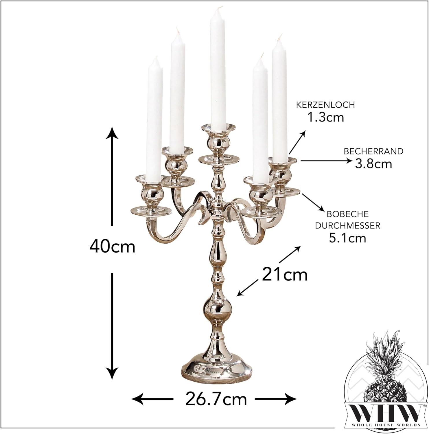 WHW Hamptons Five Arm Silver Candelabra, Taper Candle Holder, Hand Crafted of Silver Aluminum Nickel, 13.75 inches