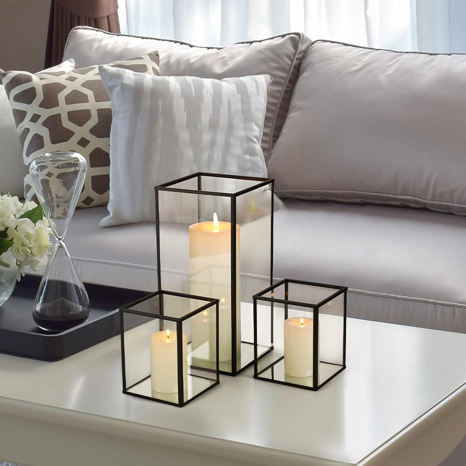 Phosphor Small Hurricane Candle Holder Set of 3 Pieces, Black Glass Candle Holder for Wedding, Party, Holiday.