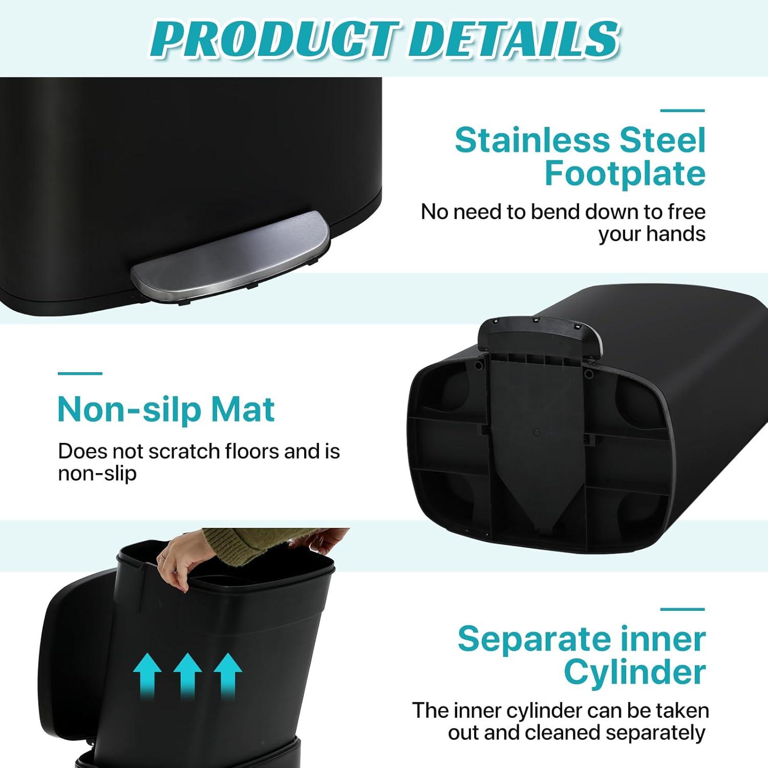 CL.HPAHKL 13 Gallon (50L)Trash Can ,Kitchen Trash Can, Stainless Steel with Lid, Foot Pedal and Inner Bucket, Fingerprint-Resistant Soft Close Lid Garbage Can, Pedal Rubbish Bin for Home Office