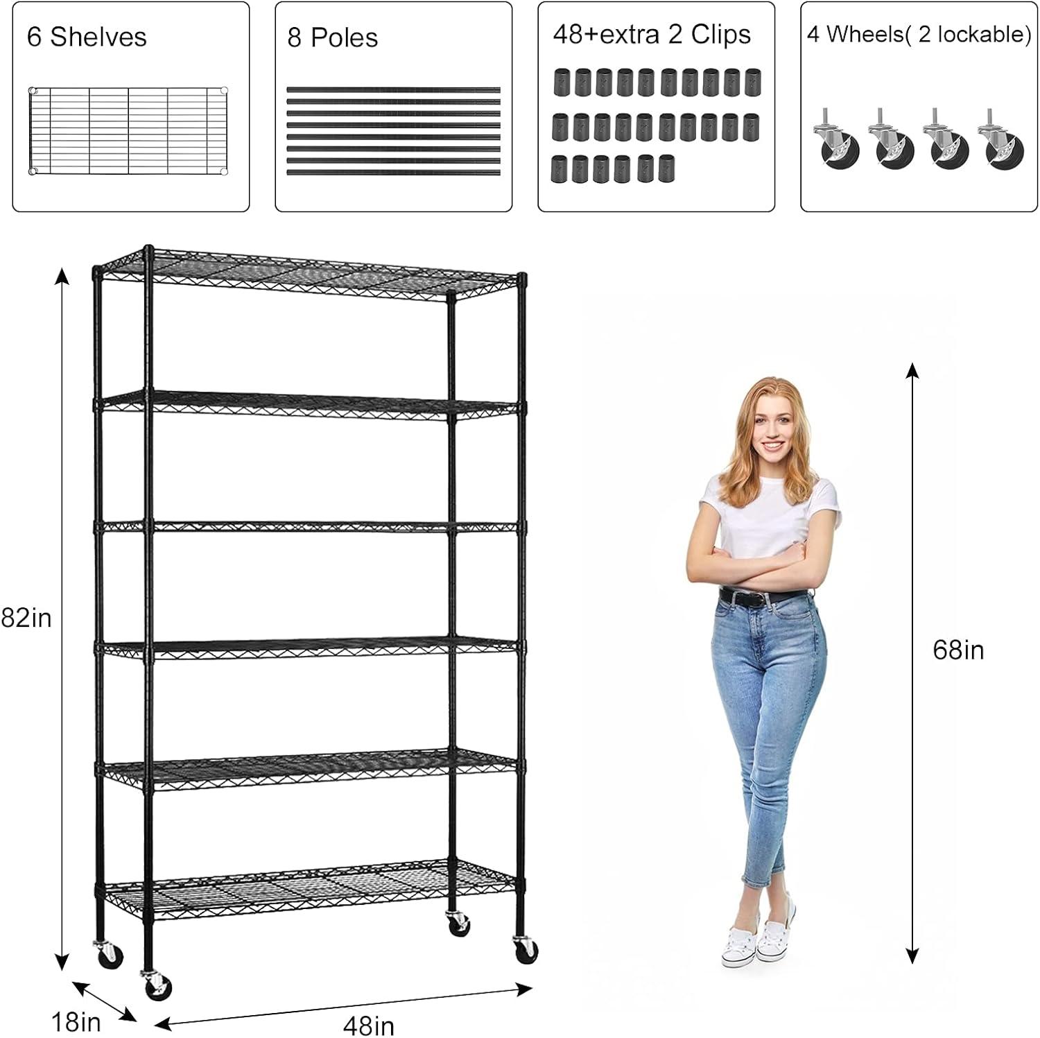 6-Tier Storage Shelves NSF Certified Wire Shelving Unit on Wheels Heavy Duty Metal Shelves Adjustable Steel Shelving 2100Lbs Capacity for Closet Pantry Basement- (18"x48"x82", Black)