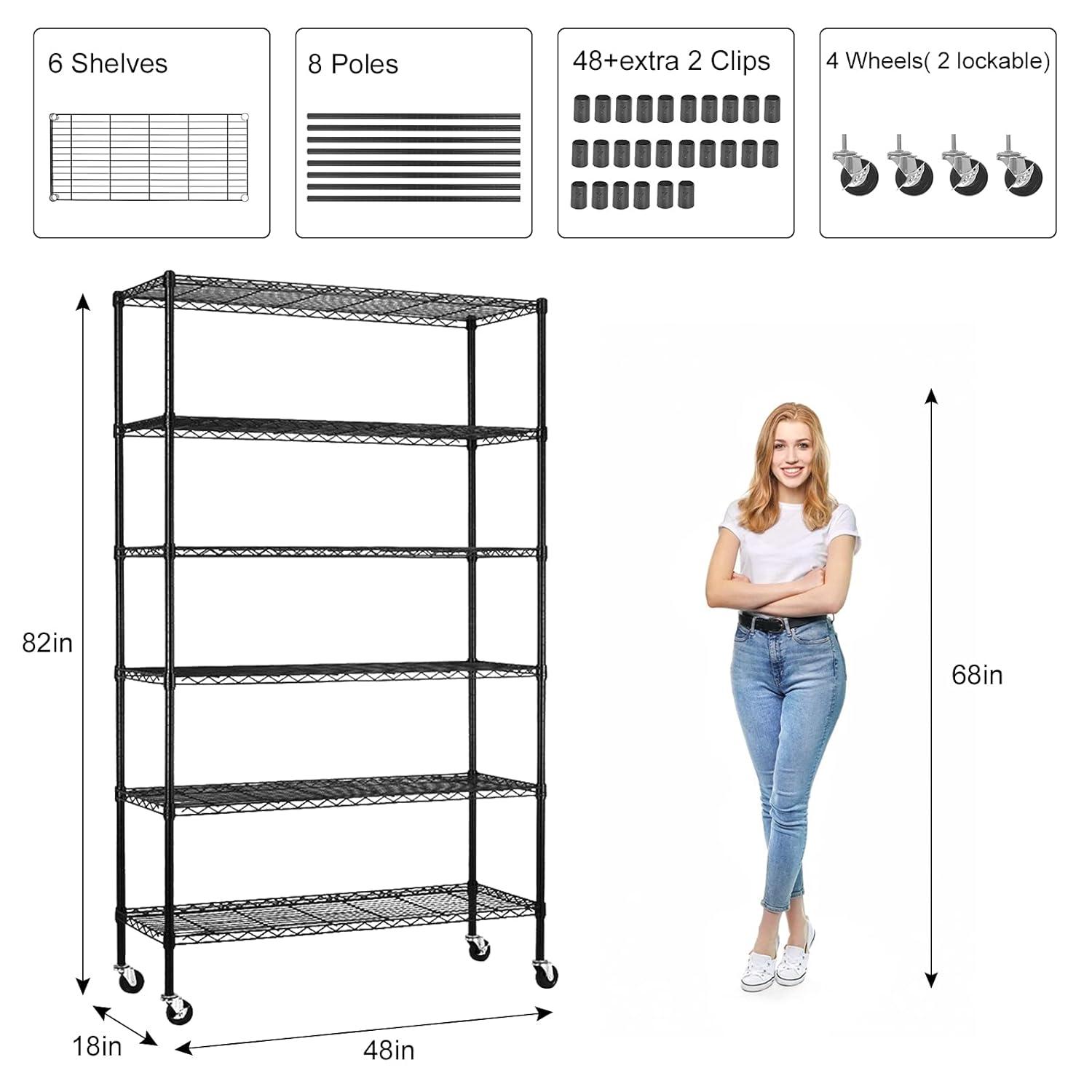 6-Tier Storage Shelves NSF Certified Wire Shelving Unit on Wheels Heavy Duty Metal Shelves Adjustable Steel Shelving 2100Lbs Capacity for Closet Pantry Basement- (18"x48"x82", Black)