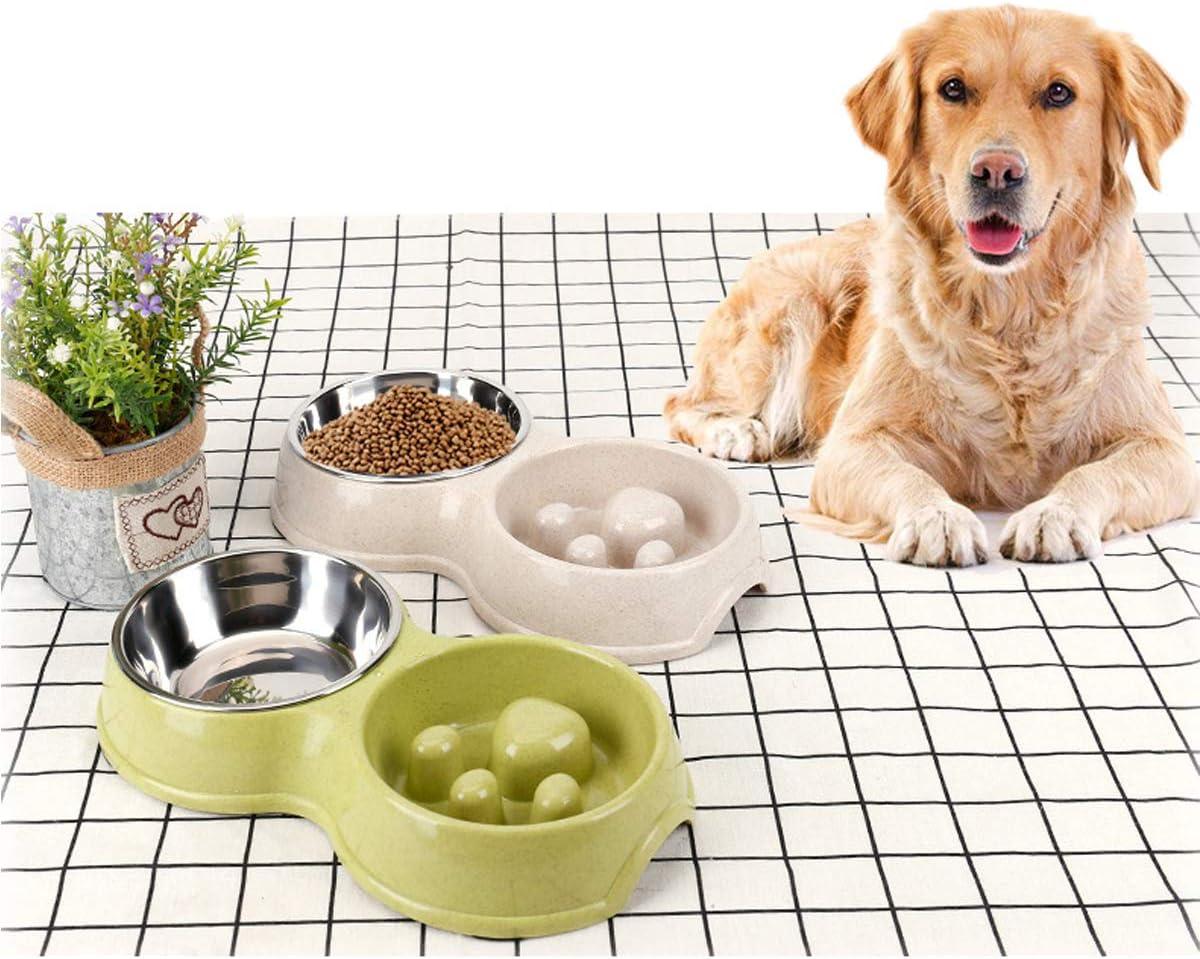 Pink Double Bowl Stainless Steel Slow Feeder for Pets