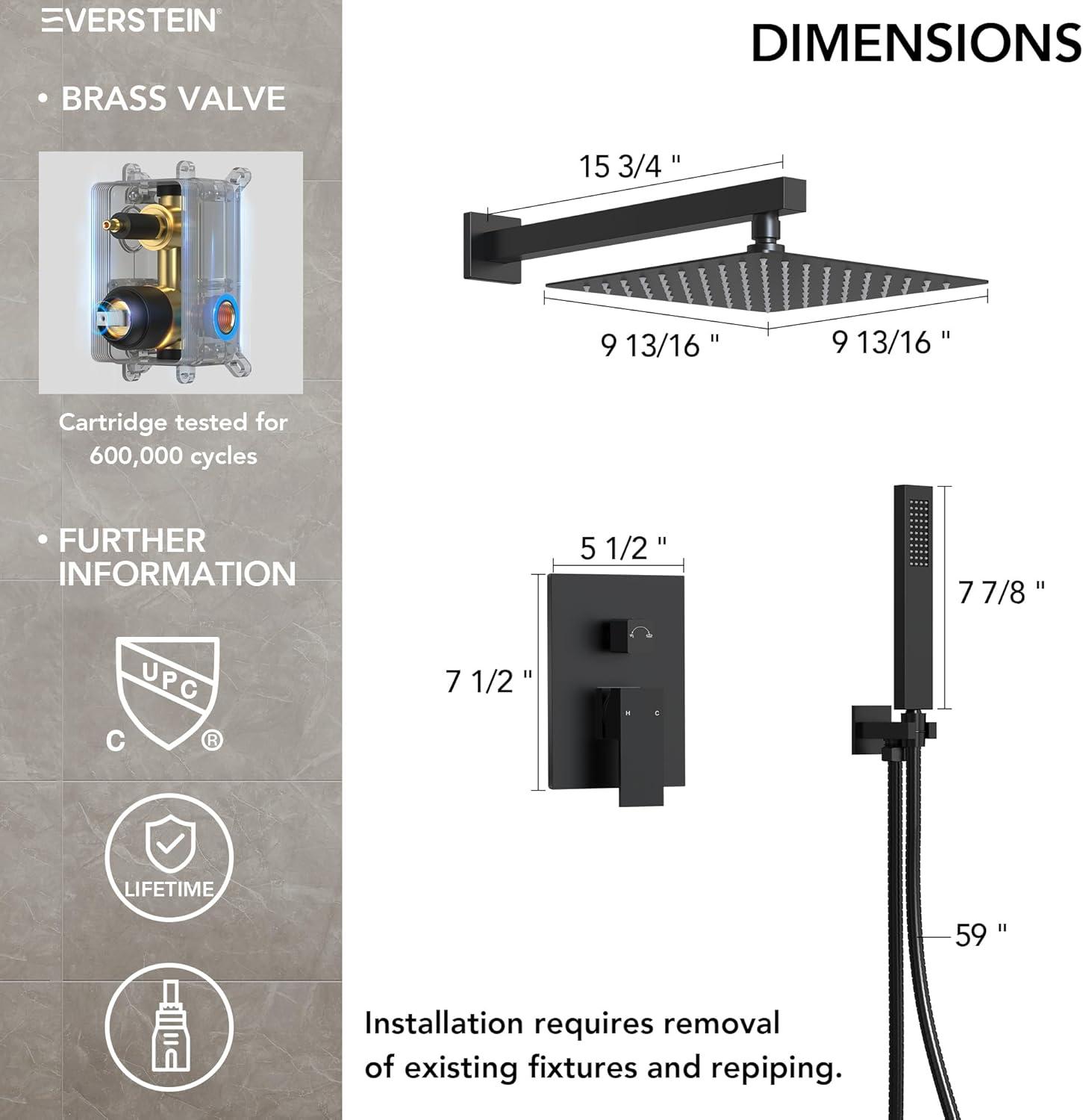 EVERSTEIN Shower Faucet Set 10 inch CUPC Shower System with Handheld Spray Wall Mounted Rain Shower Head Trim Kit with Upgraded Valve, Matte Black