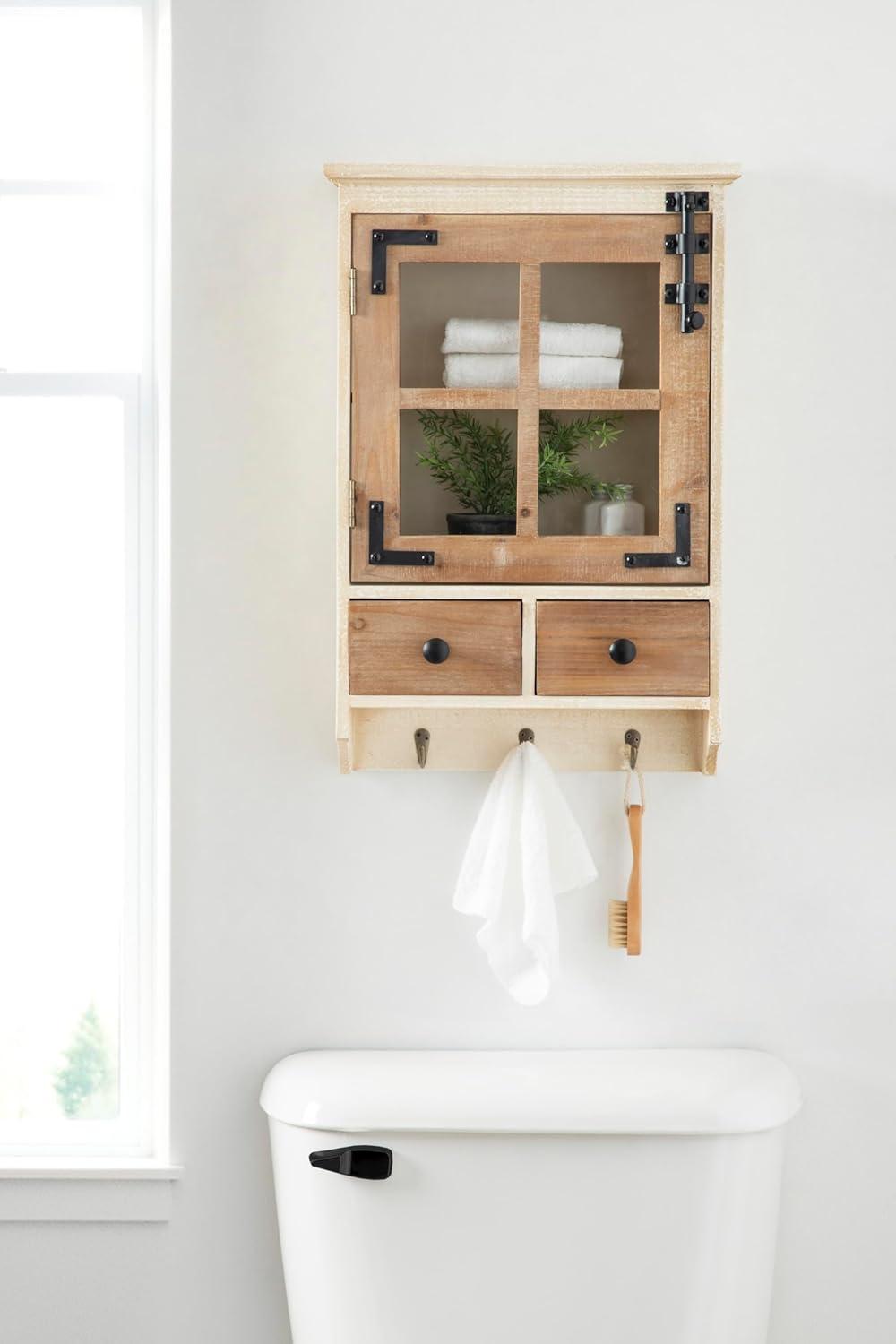 Rustic Brown and White Wood Wall Cabinet with Glass Windowpane Door