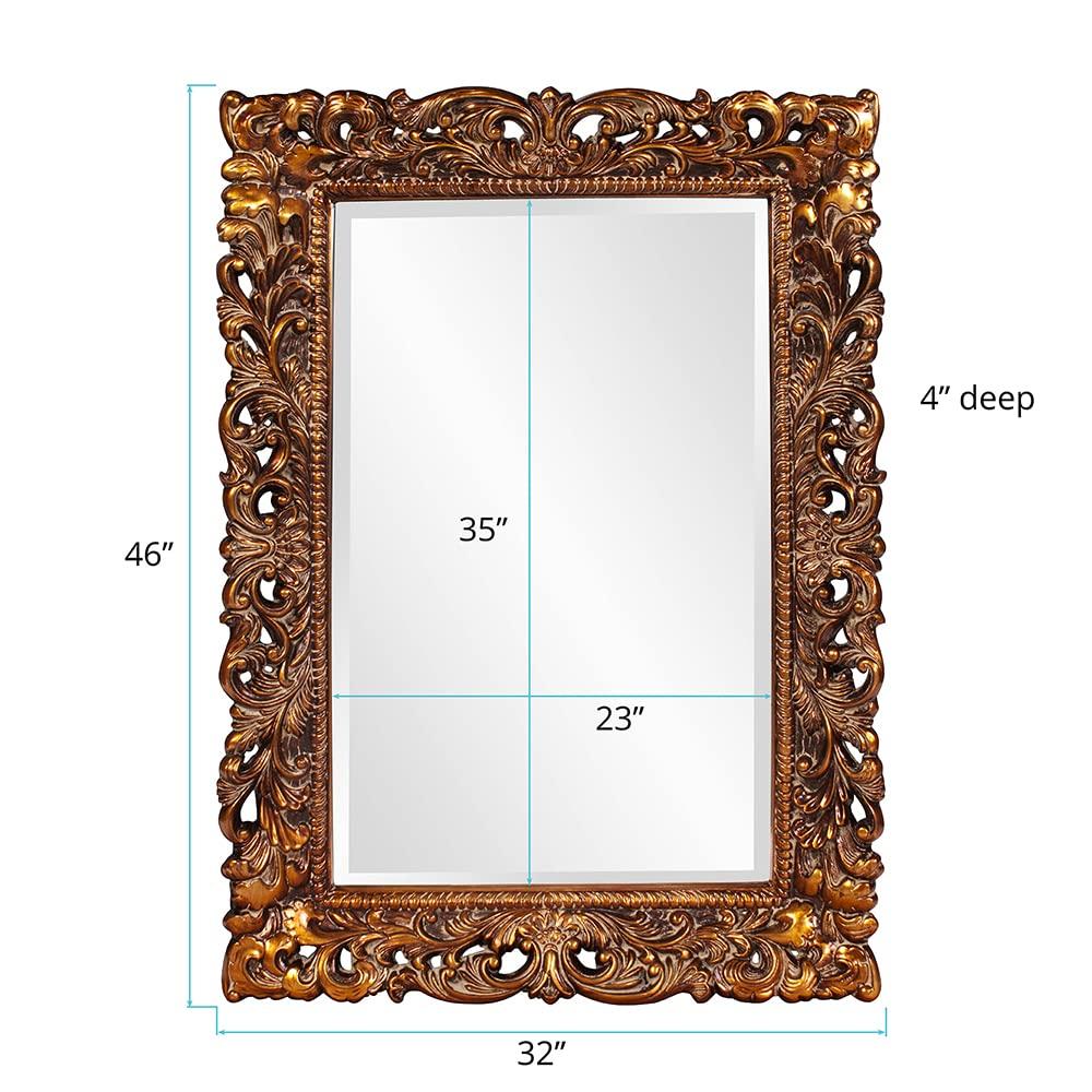 Howard Elliott Barcelona Hanging Rectangular Framed Wall Mirror, Antique Gold Resin, Traditional Designer Mirror for Home, Living Room or Bedroom, 23 x 35 Inch