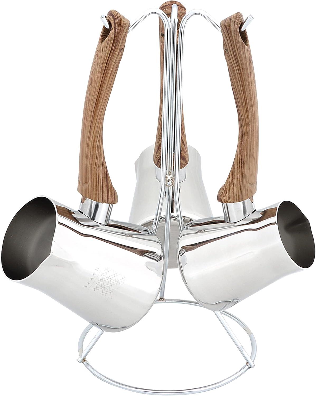 Serenk Turkish Coffee Pot Set, 4-Piece Stainless Steel w/Stand, 2-4 Cup Sizes, 18/10 Steel, Gas Stove Compatible