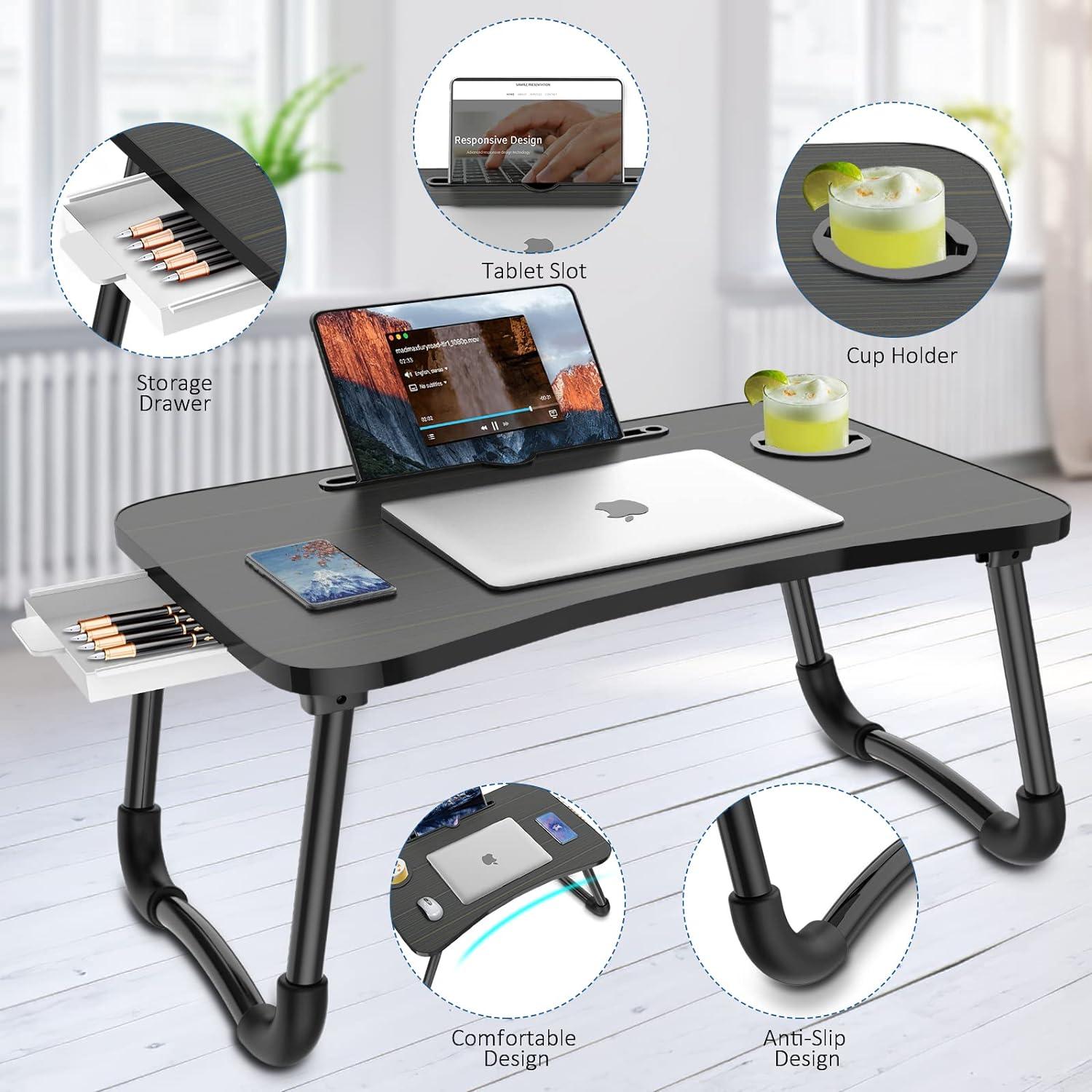 Foldable Laptop Bed Table Multi-function Lap Bed Tray Table with Storage Drawer and Water Bottle Holder, Serving Tray Dining Table with Slot for Eating, Working on Bed/Couch/Sofa (Arc shape)