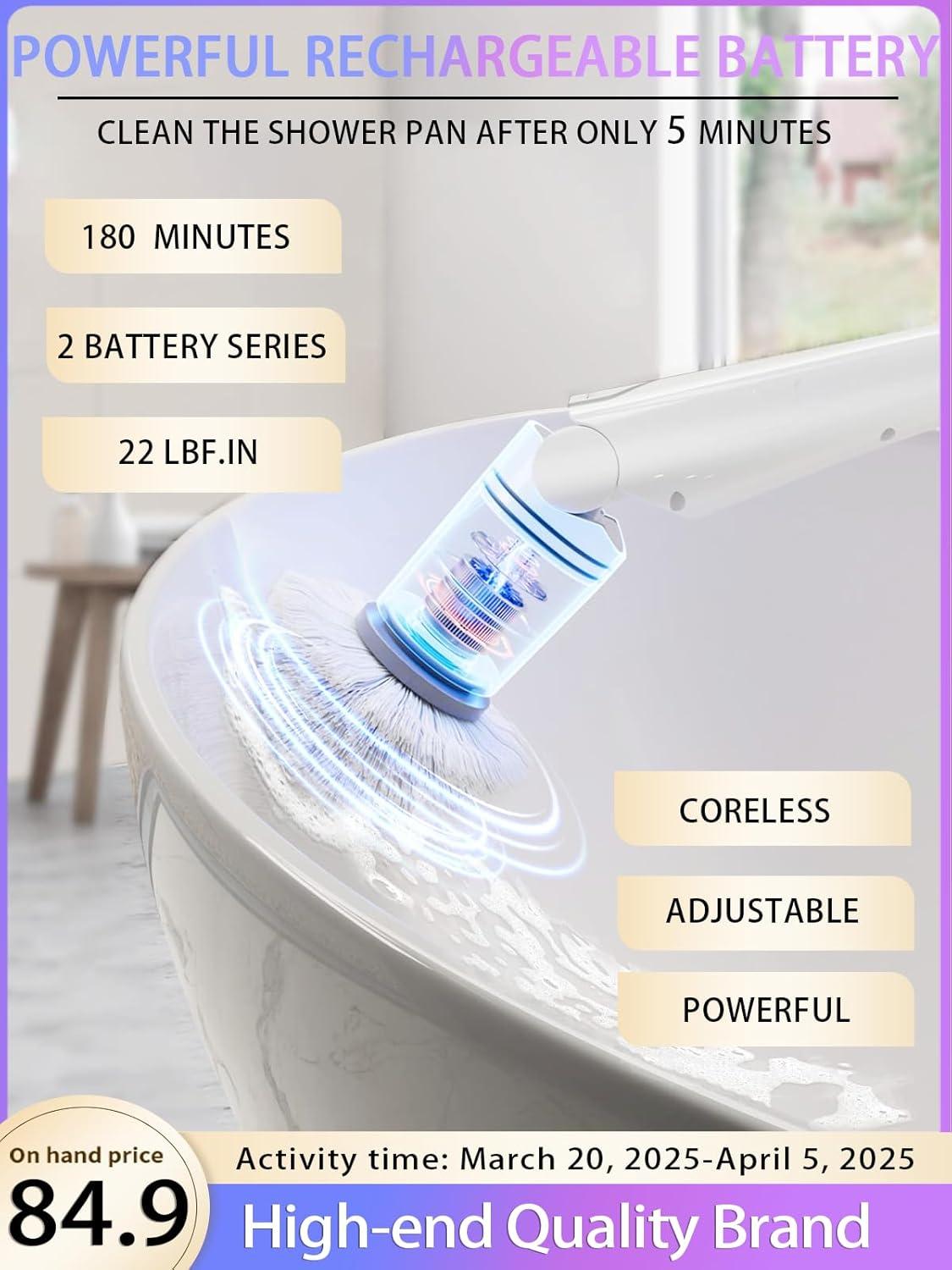 Tilswall Cordless Electric Spin Scrubber - IPX7 Waterproof Cleaning Brush with 180Min Runtime & 43" Extendable Handle, Ideal Gift for Home/Bathroom/Car (Includes 4 Brush Heads)