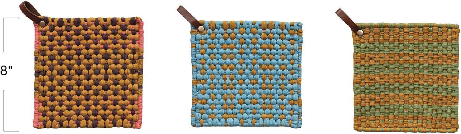 Creative Co-Op Multi-Tone Cotton Crocheted Pot Holder With Leather Loop (Set of 3)