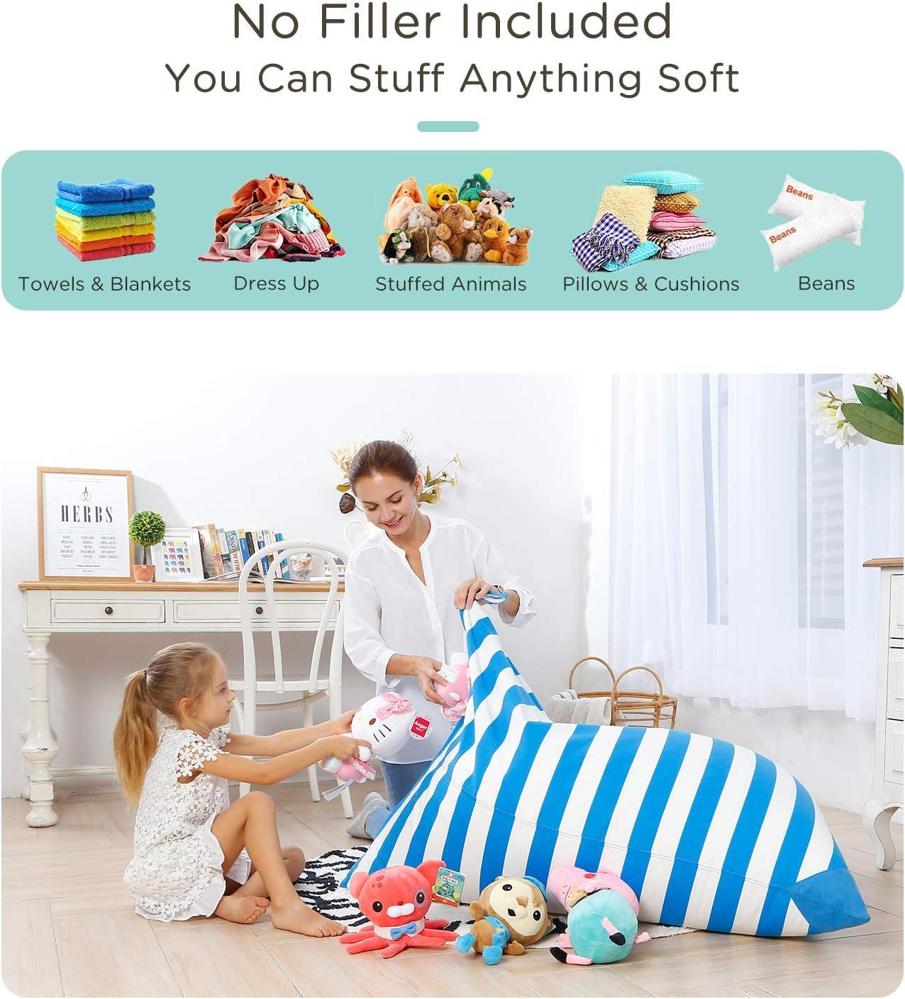 Aubliss Stuffed Animal Storage Bean Bag Chairs Cover, 50"x 35" Extra Large Bean Bags Chair for Kids & Adults, Beanbag Toy Storage for Boys Girls - Premium Cotton Canvas Blue Stripe