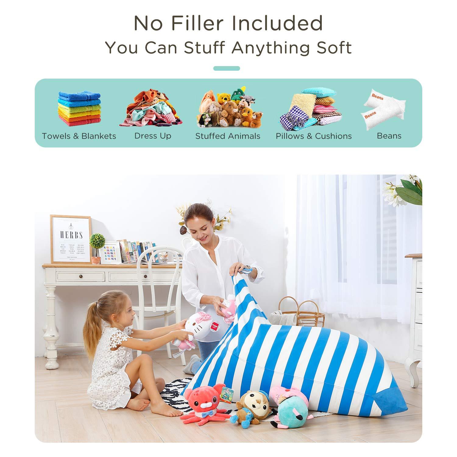 Aubliss Stuffed Animal Storage Bean Bag Chairs Cover, 50"x 35" Extra Large Bean Bags Chair for Kids & Adults, Beanbag Toy Storage for Boys Girls - Premium Cotton Canvas Blue Stripe
