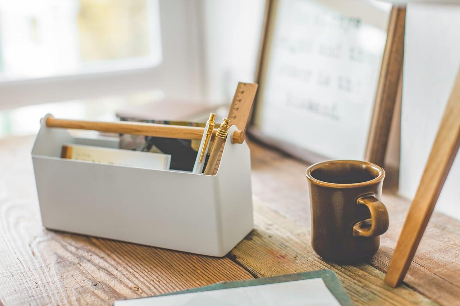 Minimalist White Steel & Wood Desk Organizer with Wooden Crossbar