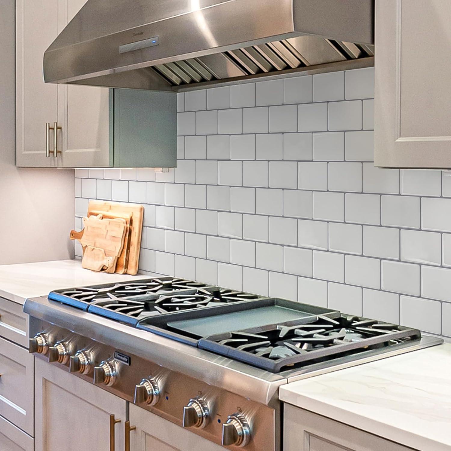 Art3d Peel and Stick Backsplash Tile, 10-Sheet Stick on Subway Tiles for Kitchem, Bathroom Back Splashes, 12"x12", Warm White with Black Grout