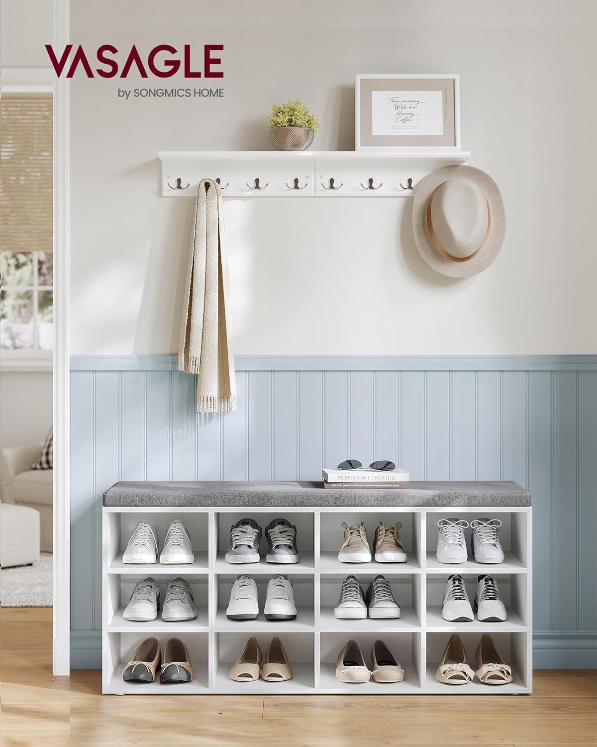 White and Gray Storage Bench with Padded Seat and 12 Compartments