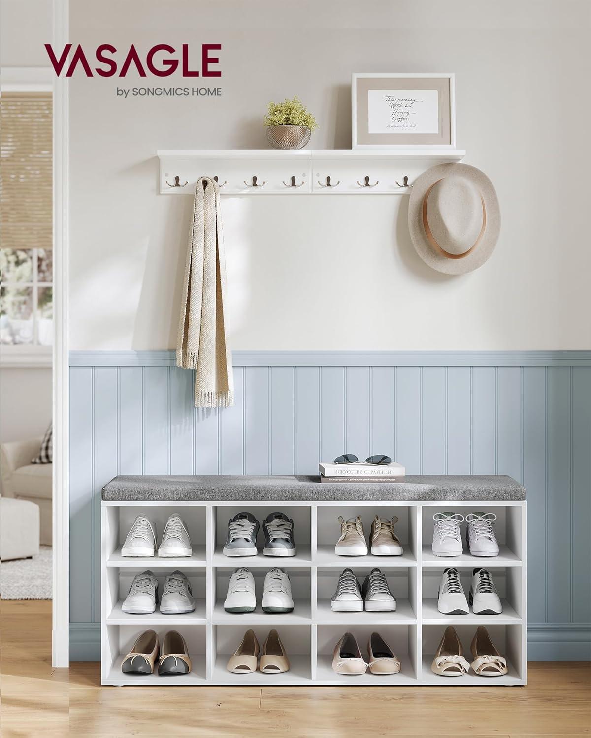 VASAGLE CUSTOS Collection - Shoe Bench, Storage Bench with Padded Seat, Entryway Bench with 12 Compartments, for Bedroom, 11.9 x 40.9 x 18.9 Inches, Cloud White and Slate Gray ULHS012W14