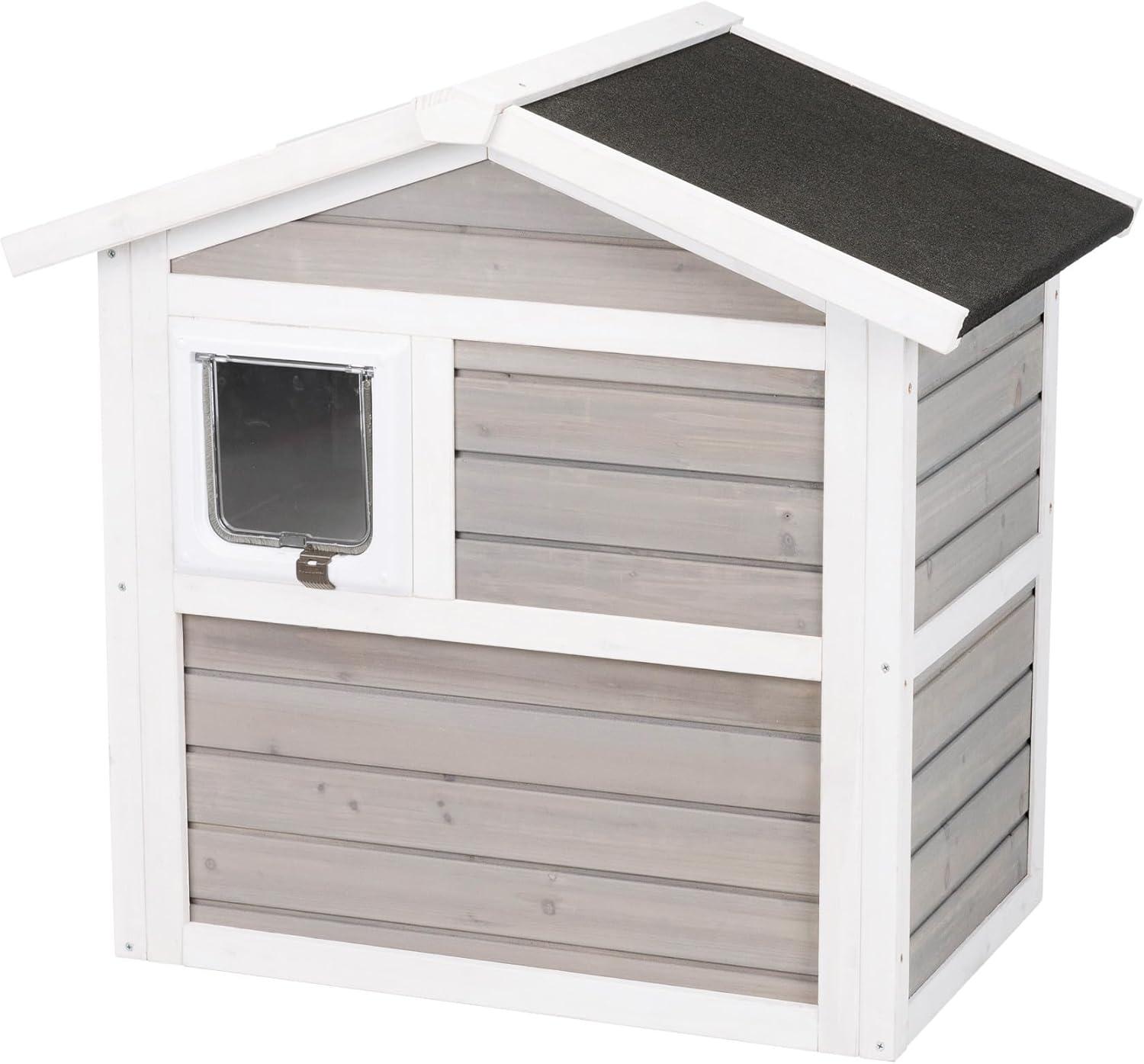Gray and White 2-Story Insulated Outdoor Cat House with Ramp