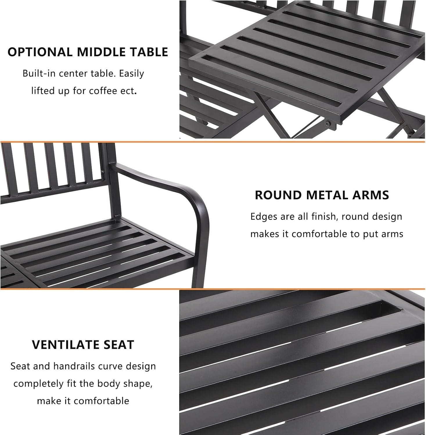 VINGLI 59" Patio Garden Bench Table Outdoor Metal Park Benches, Black Cast Iron Steel Frame Chair Porch Path Yard Lawn Decor Deck