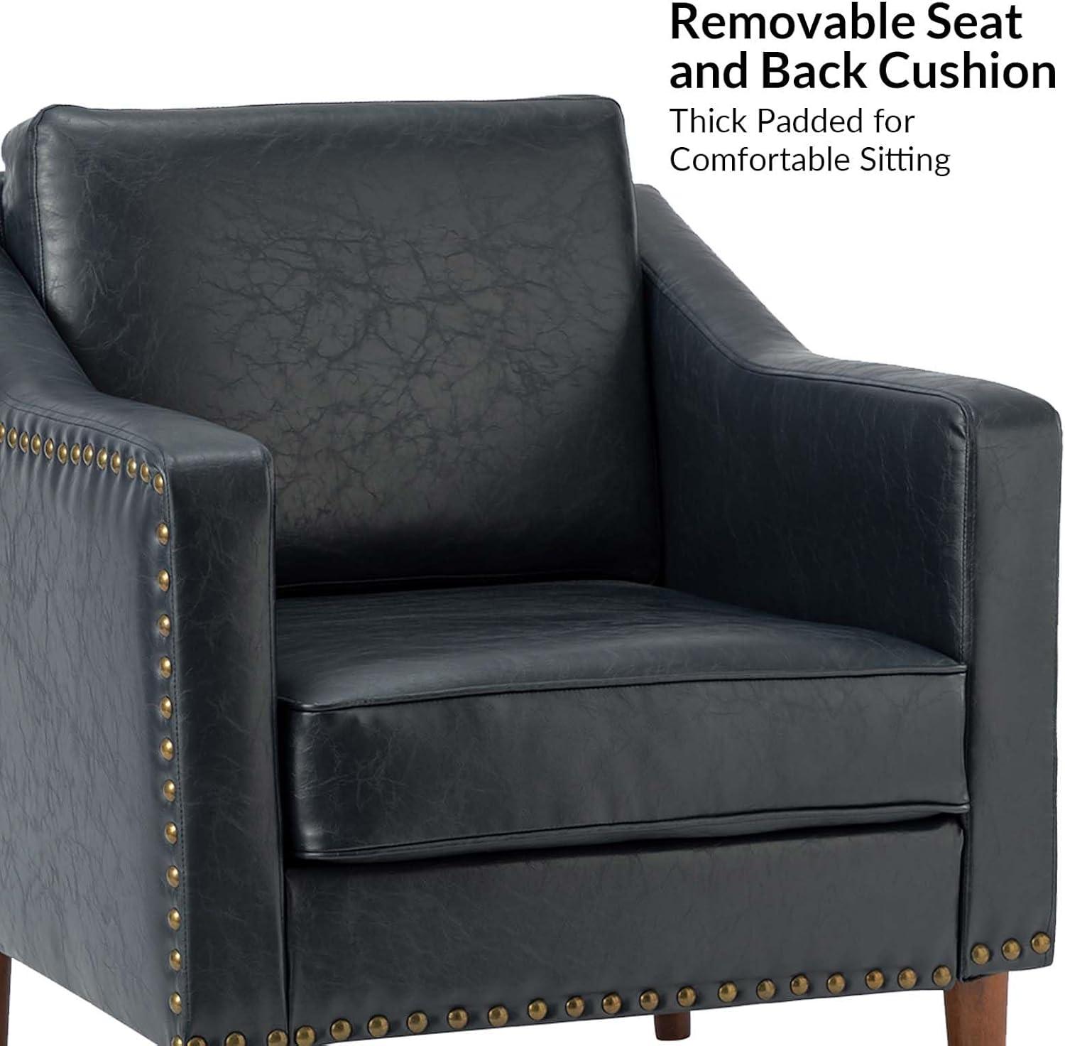 Navy Faux Leather Armchair with Nailhead Trim and Wooden Legs