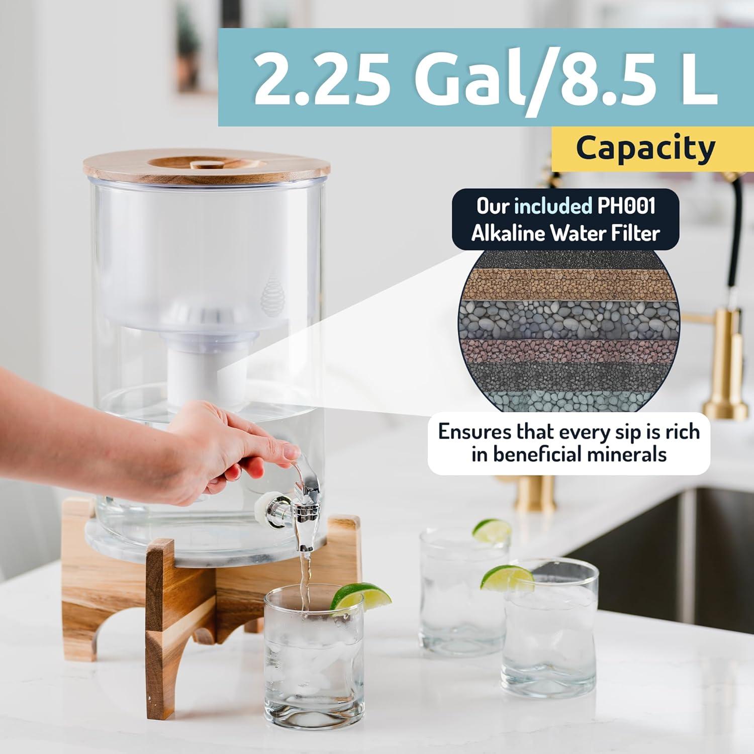 Invigorated Water pH Recharge Alkaline Water Filter Dispenser – BPA-Free Glass Countertop Water Filter Pitcher Purifier for Home & Office, 36-Cup Capacity, 360L Long Filter Life (Bamboo/Marble)