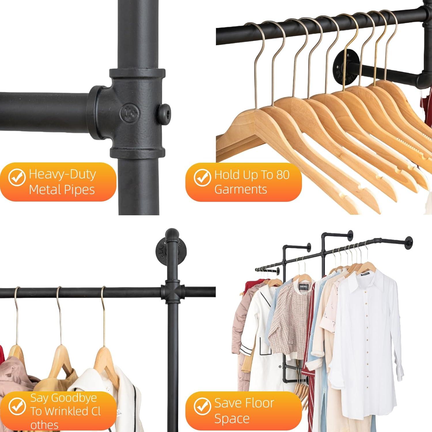 Industrial Clothing Racks Garment Racks – Wall Mounted Pipes Clothes Racks with Four Hanging Rods, Heavy Duty Garment Racks, Industrial Steampunk Closet Organizer Hall Tree (Metal Pipes-Black)