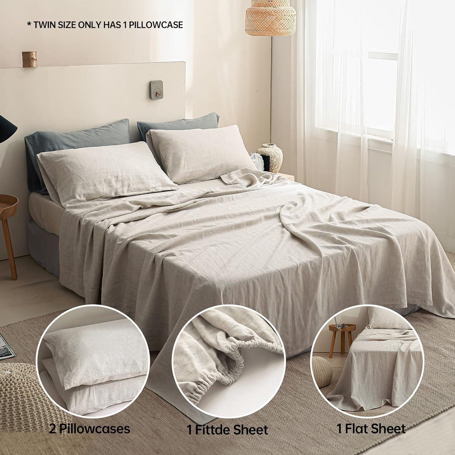 Simple&Opulence 100% Linen Sheet Set 4pcs Basic Style, Deep Pocket, Natural French Washed Flax Solid Color Soft Breathable Bed Sheets - Linen, King