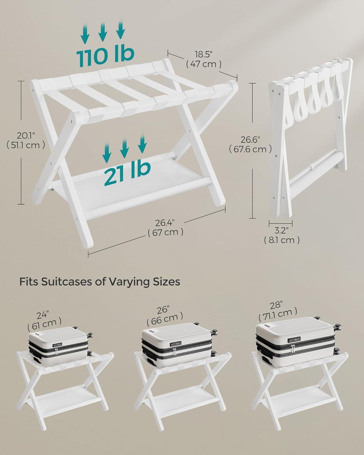 White Bamboo Folding Luggage Rack with Storage Shelf