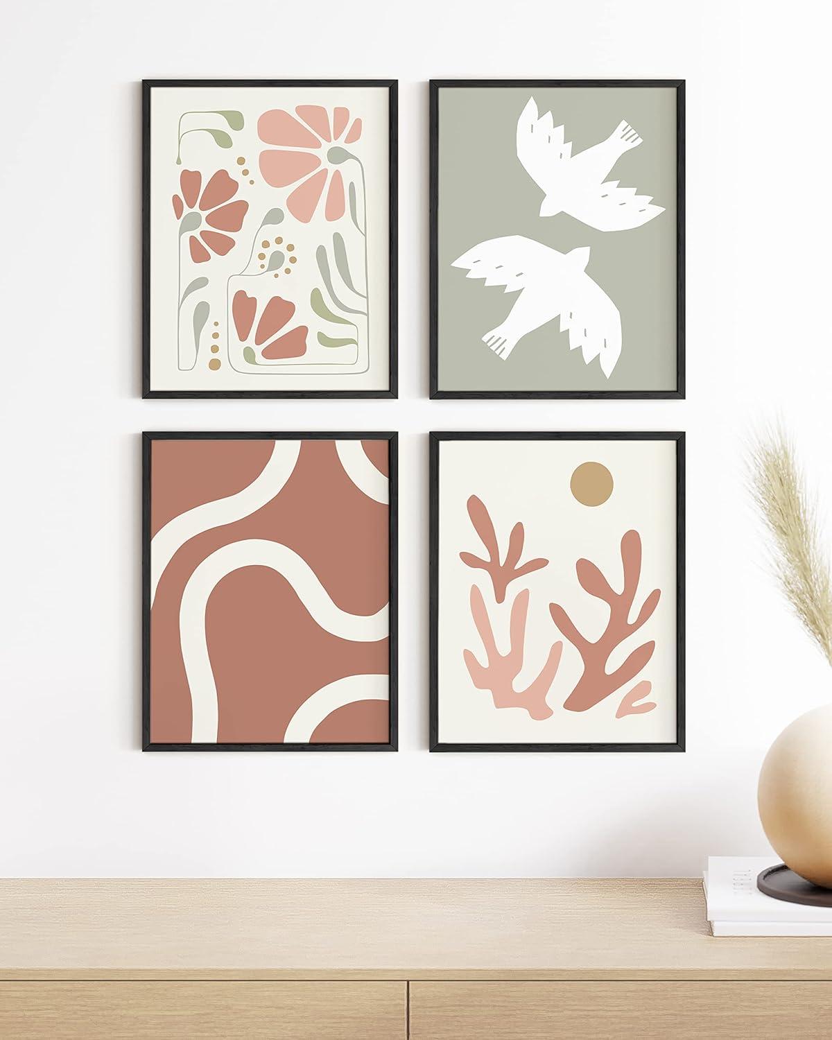 HAUS AND HUES Boho Posters - Set of 4 Nature Wall Prints, Neutral Art, Minimal Art Print, Modern Gallery Wall, Botanical Print, Coral and Green, Boho Posters For Room Aesthetic, (8x10, Unframed)