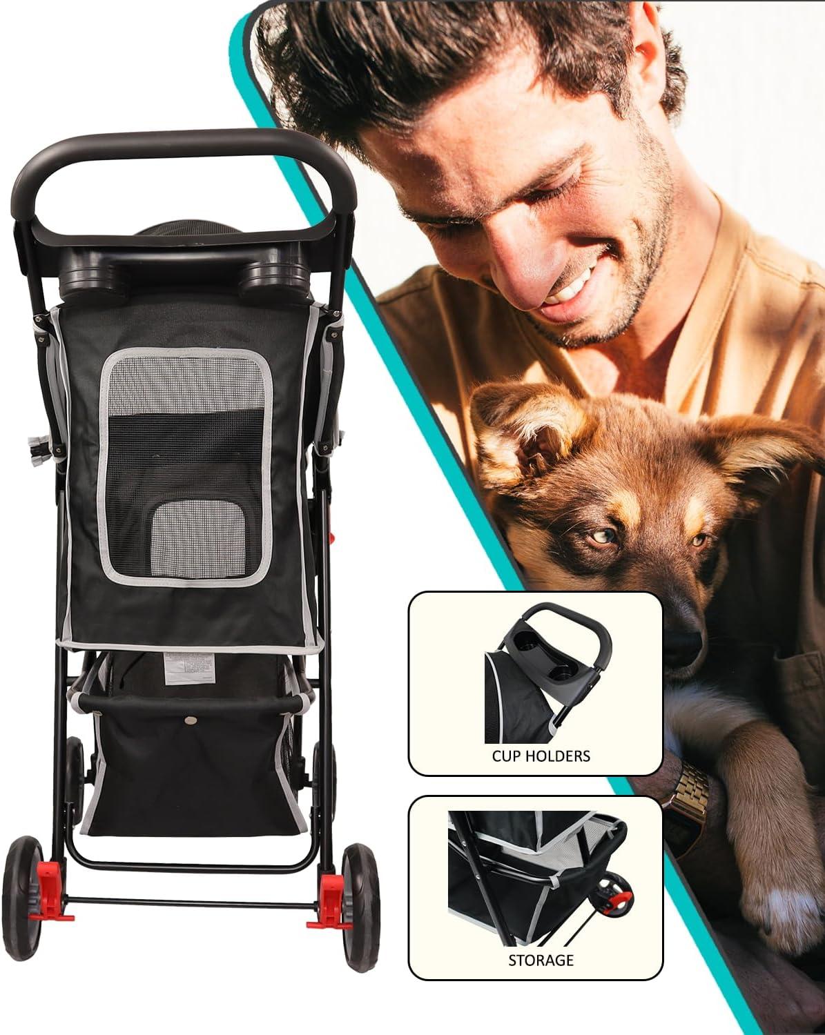 Black Polyester Pet Stroller with Storage Basket